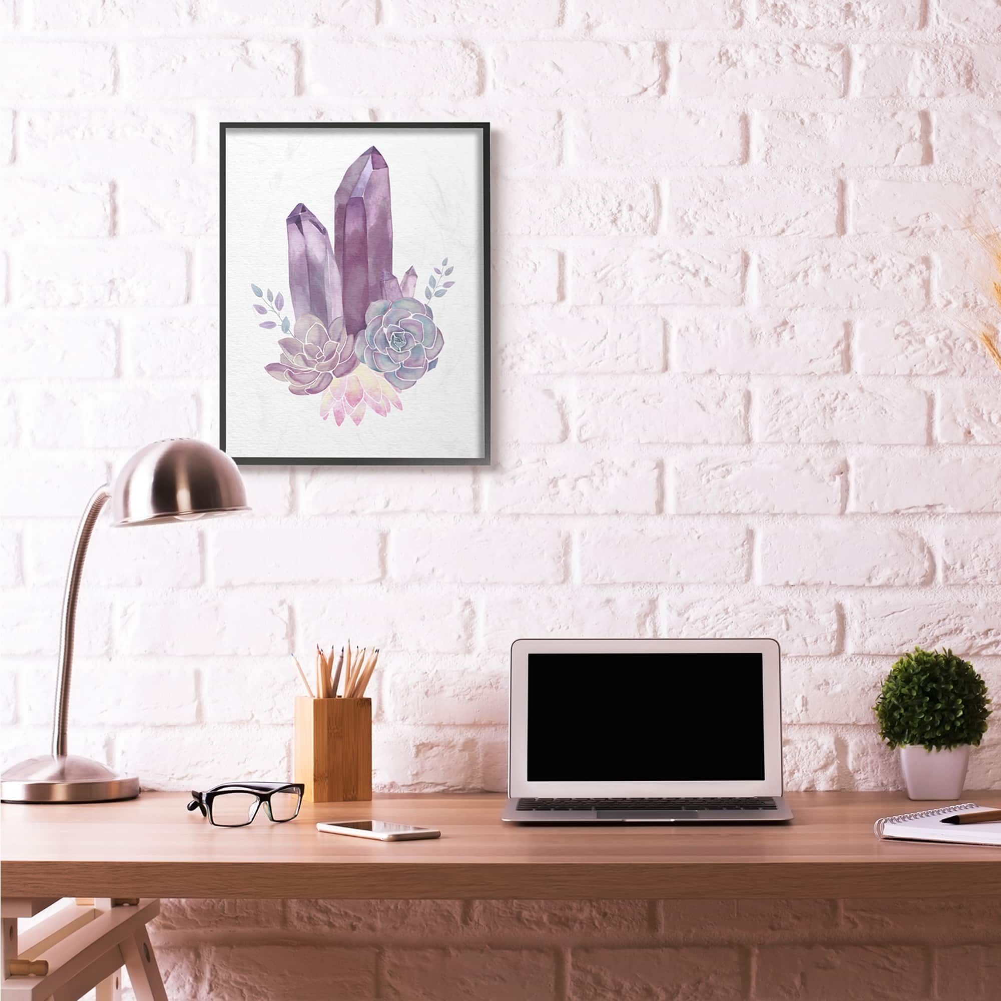 Stupell Industries Succulent Crystal Flower Purple Blue Watercolor Painting in Black Frame Wall Art
