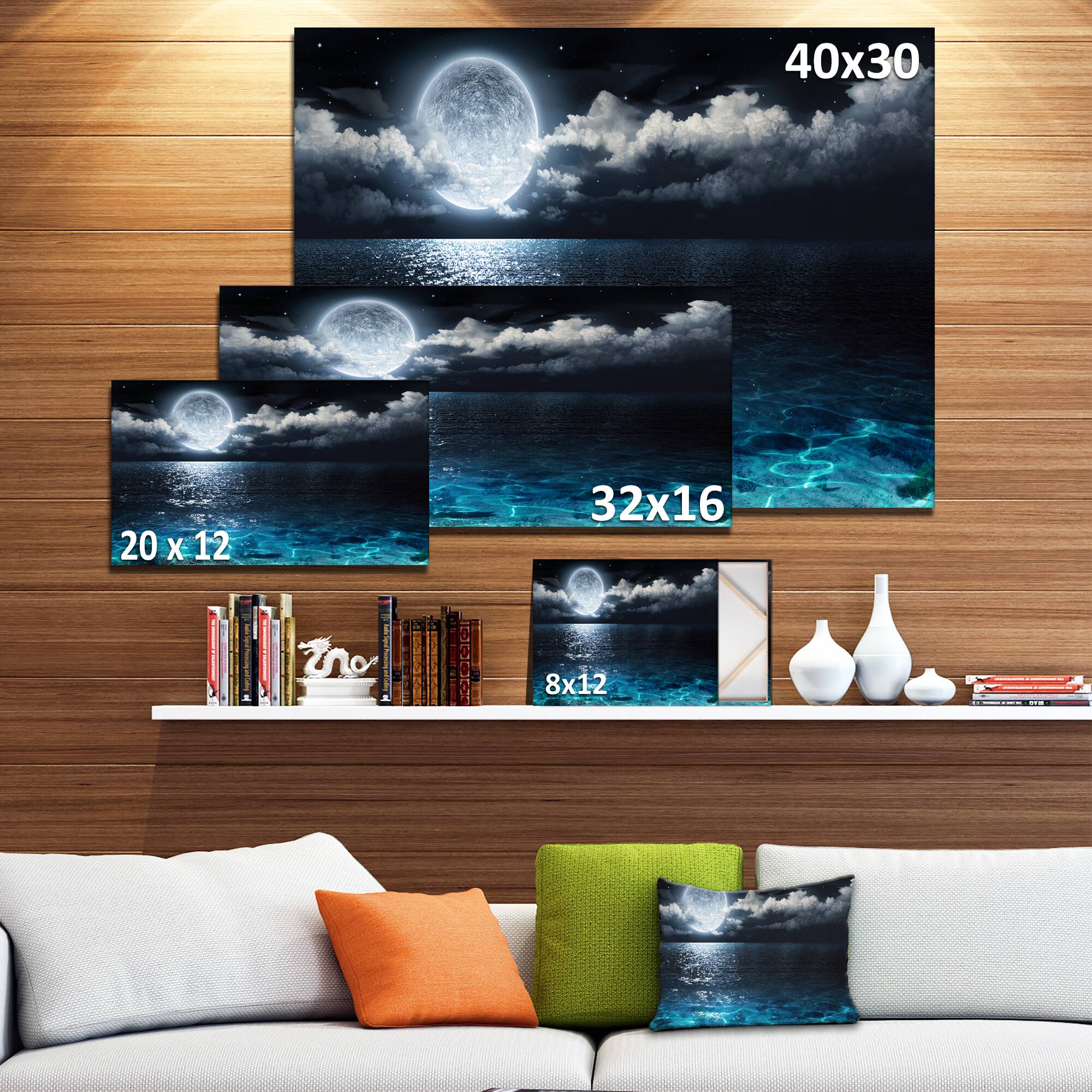Designart - Romantic Full Moon Over Sea - Seascape Canvas Art Print