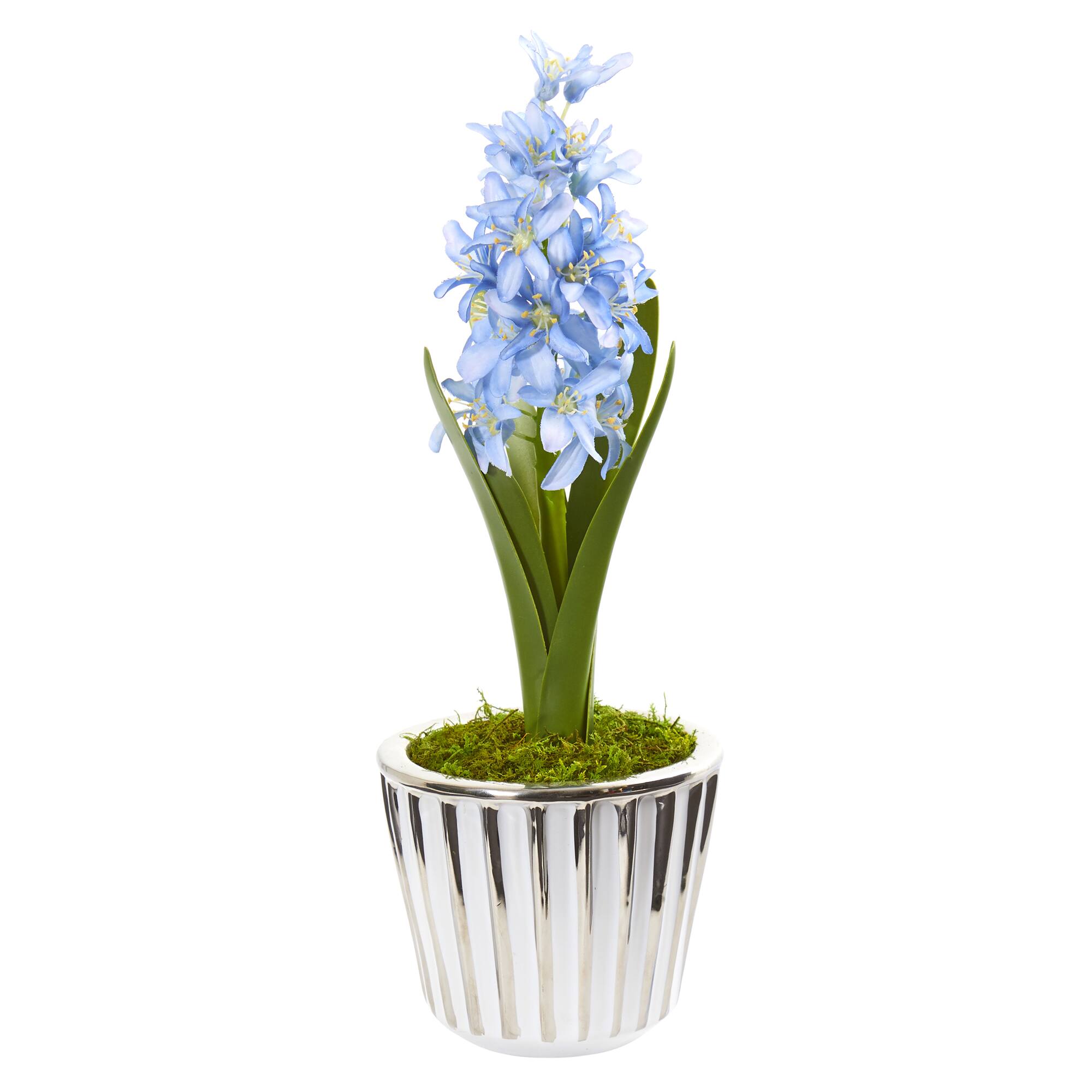 13" Hyacinth Artificial Arrangement in White Vase with Silver Trimming (Set of 2)