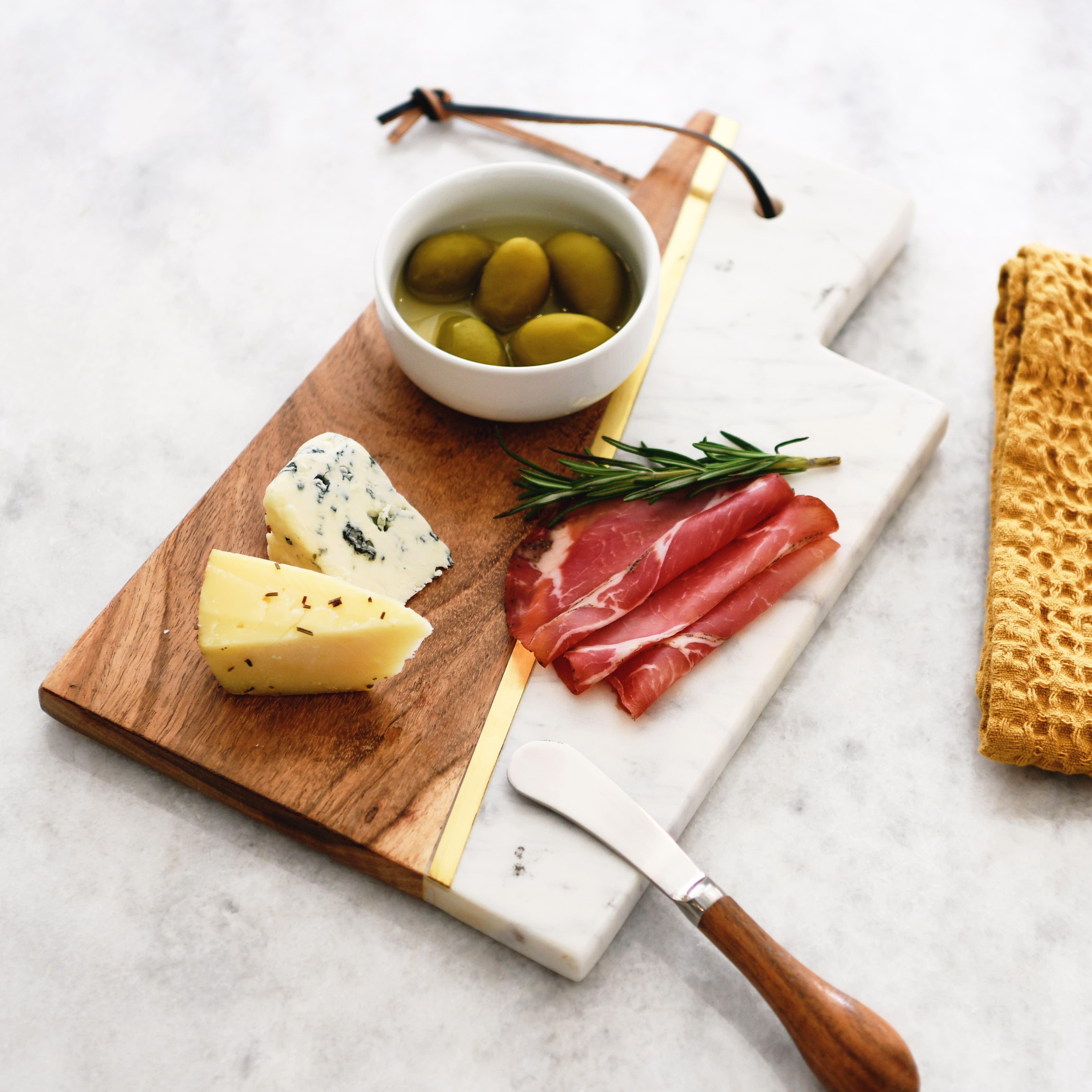 12&#x22; White and Natural Boho 2-Tone Marble and Acacia Wood Charcuterie or Cutting Board with Brass Inlay and Leather Tie