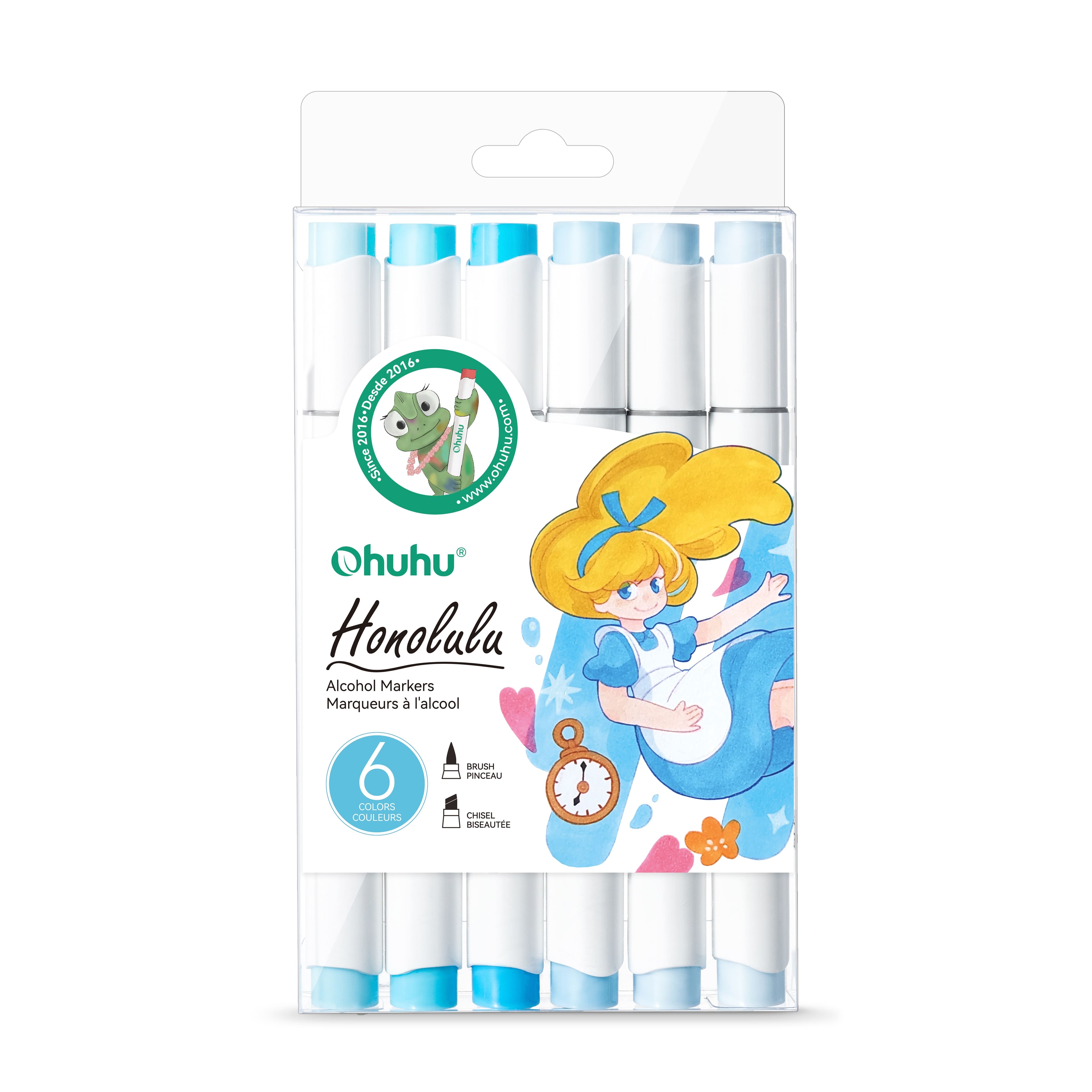 Marqueur à alcool Honolulu à double pointe pinceau et biseautée tons bleus d’Ohuhu