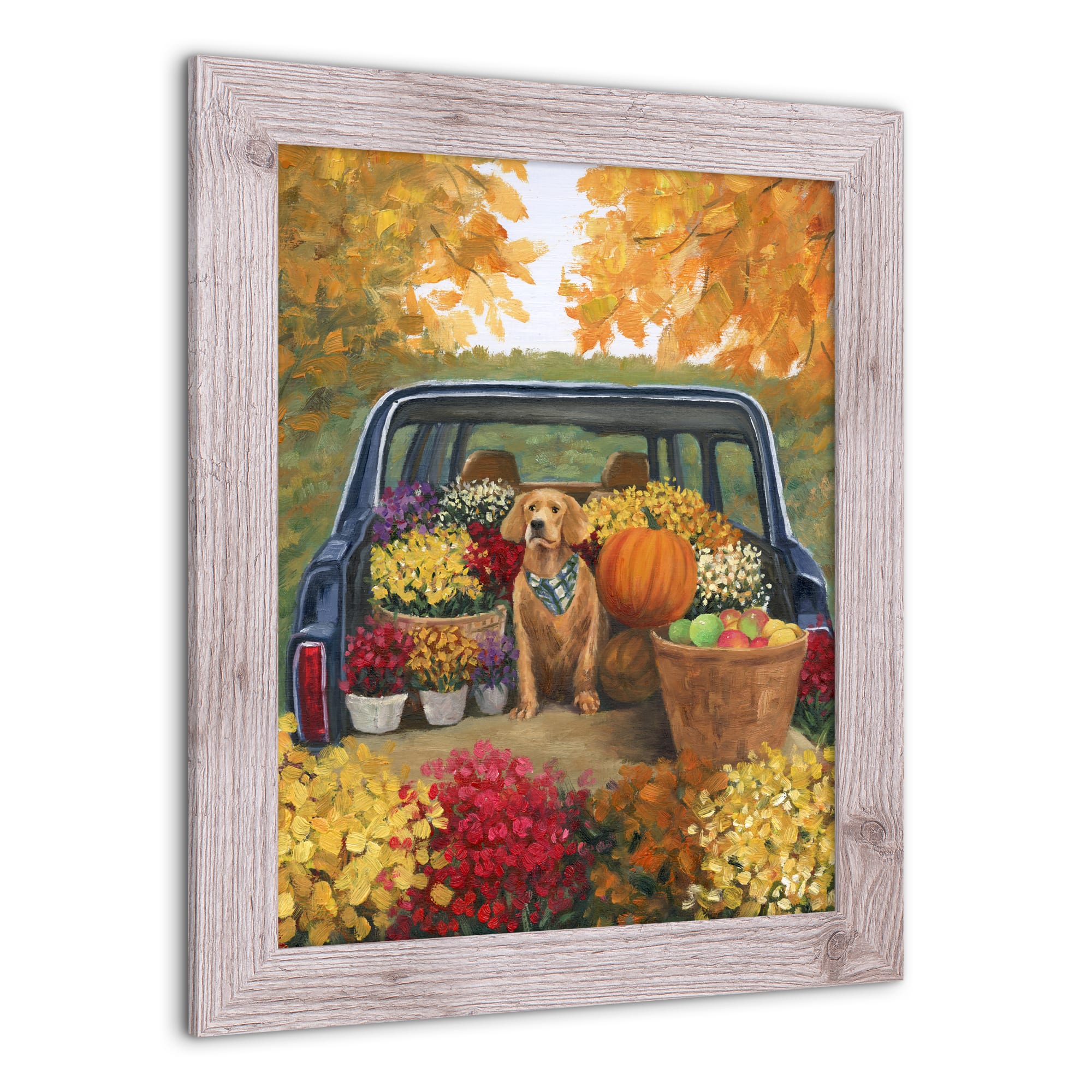 Fall Floral Dog Truck Western White Framed Print