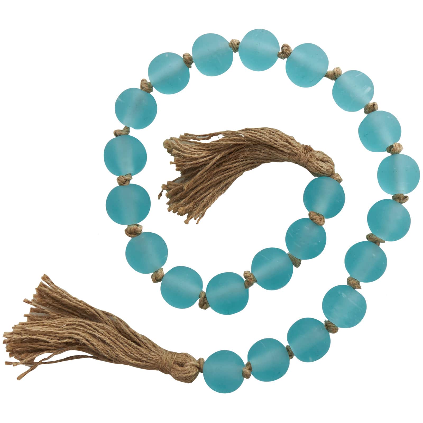 45&#x22; Handmade Round Frosted Glass Bead Garland with Tassels &#x26; Knotted Jute