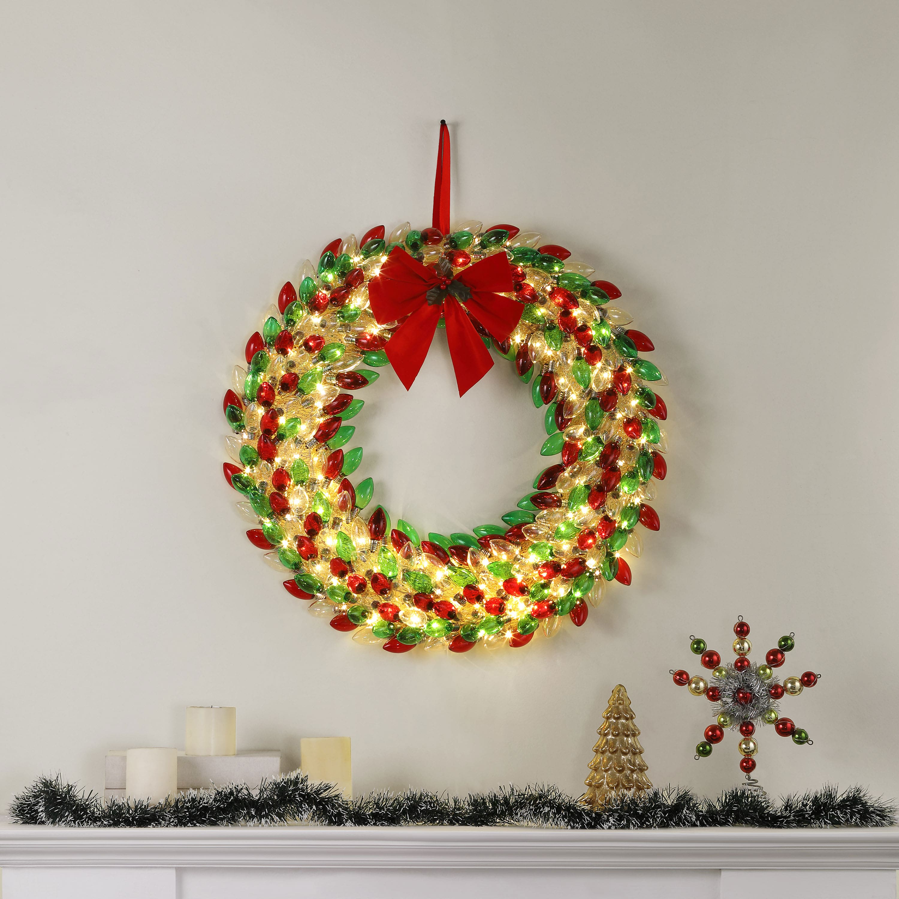 Mr. Christmas 30&#x22; Red &#x26; Green LED Retro C9 Bulb Wreath