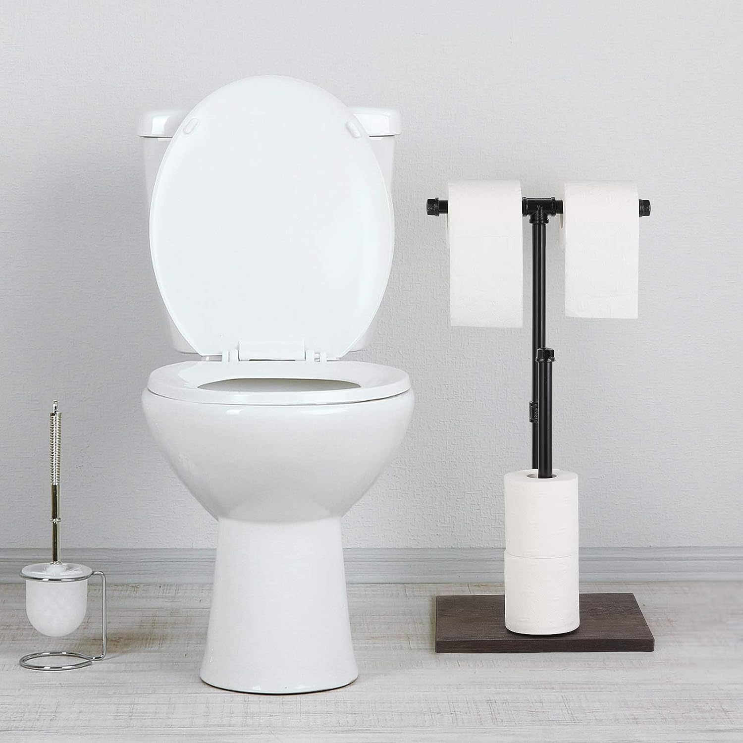 NEX™ Freestanding Iron Pipe Toilet Paper Holder with Solid Wood Base
