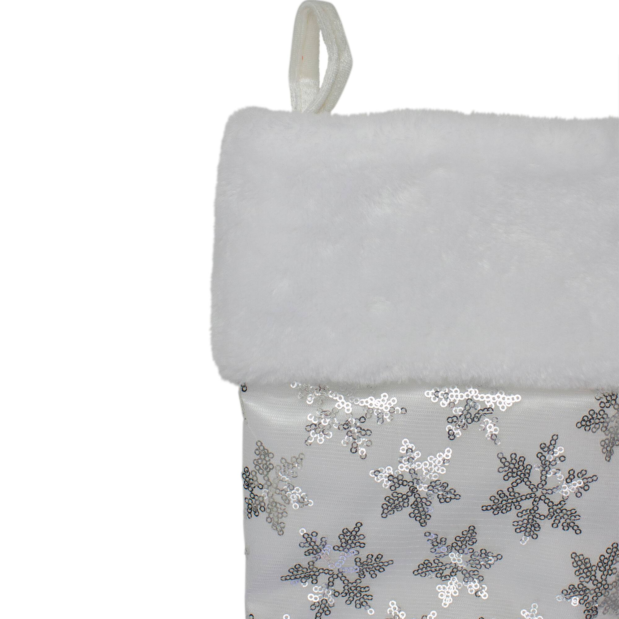 20.5" Sequin Snowflake Stocking With White Faux Fur Cuff, White & Silver
