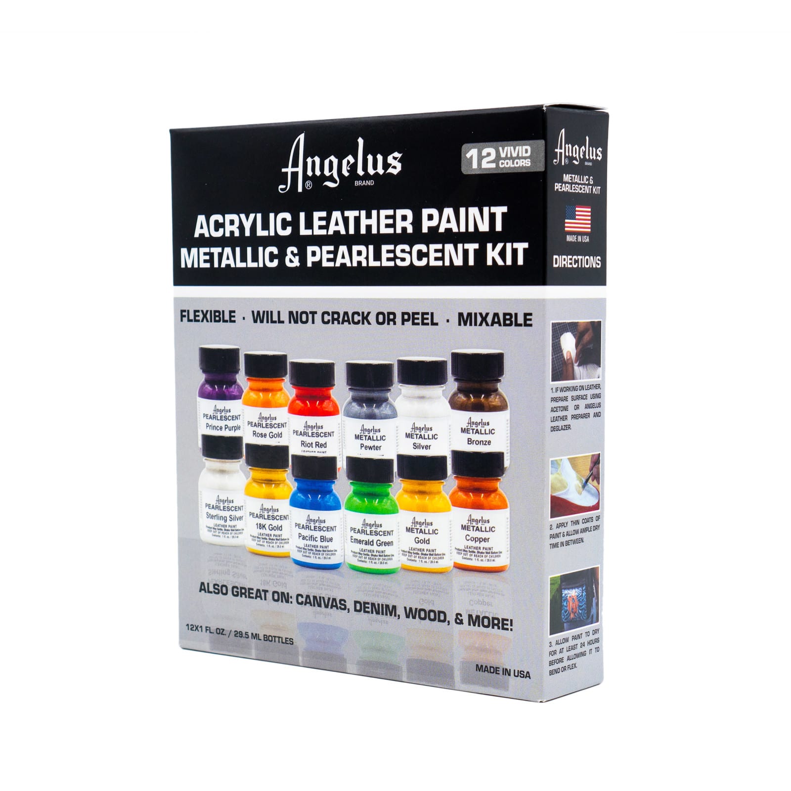 12 Packs: 12 ct. (144 total) Angelus&#xAE; Metallic &#x26; Pearlescent Acrylic Leather Paint Kit