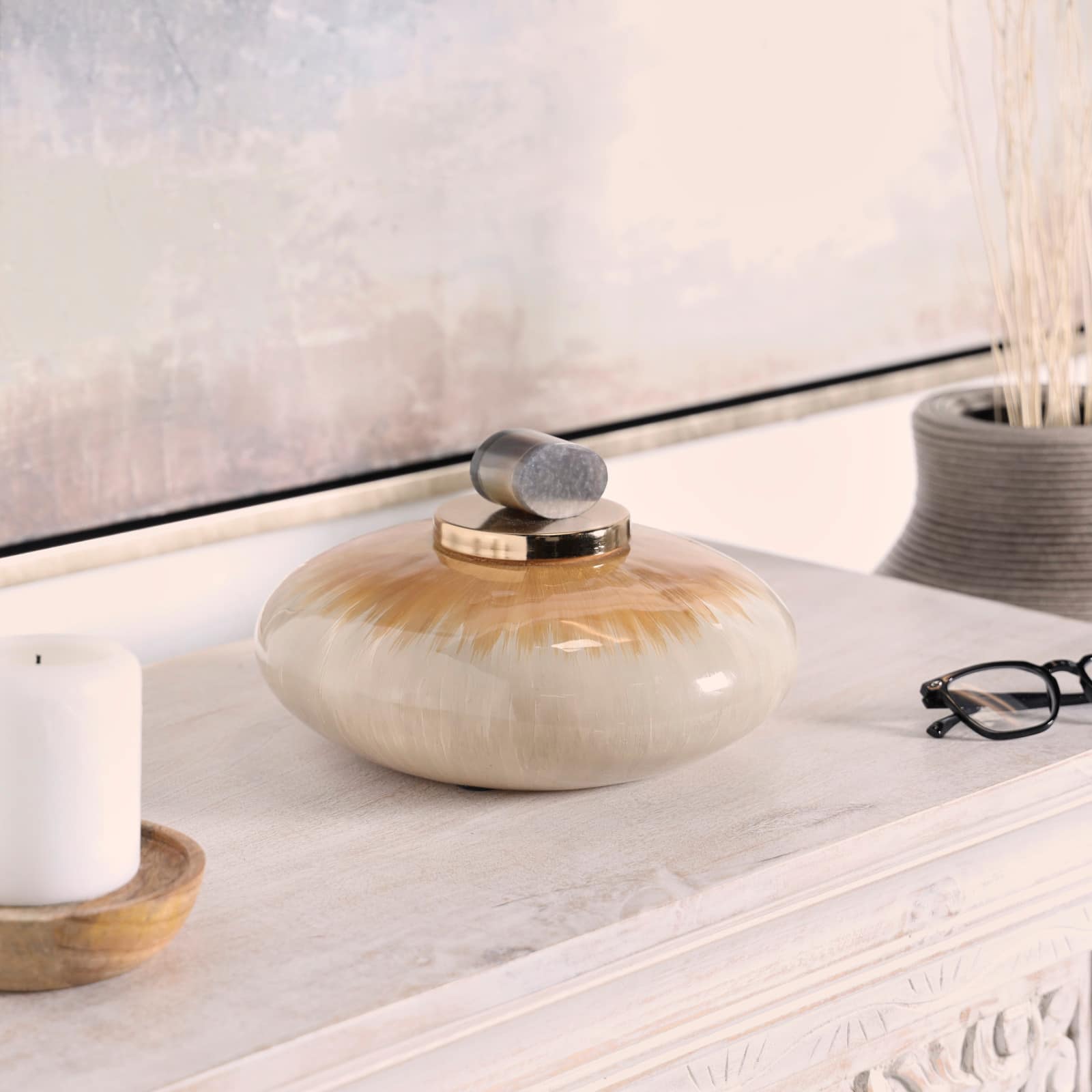 Beige &#x26; Peach Glass Ombre Geometric Decorative Jar
