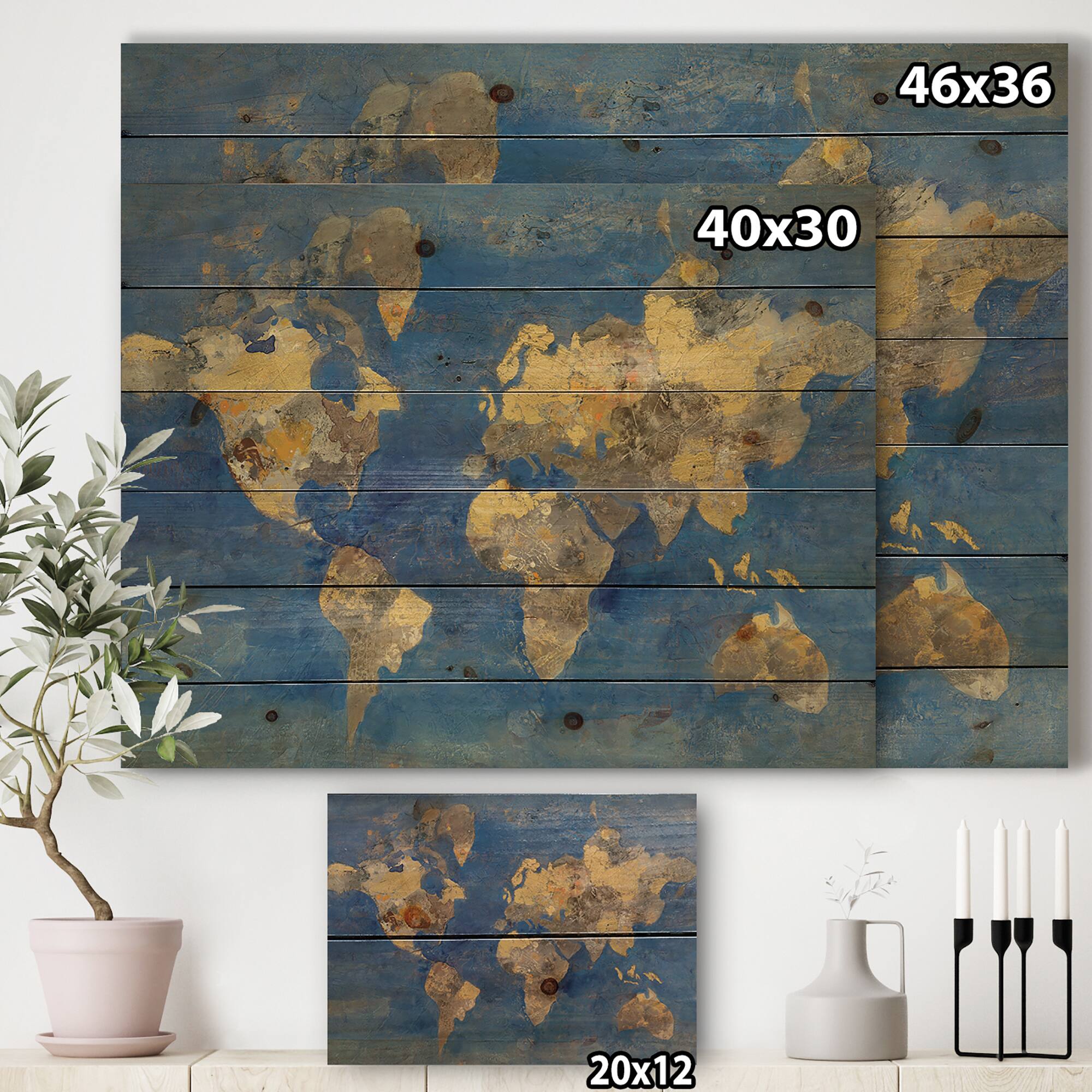 Designart - Golden Glam World Map - Traditional Print on Natural Pine Wood