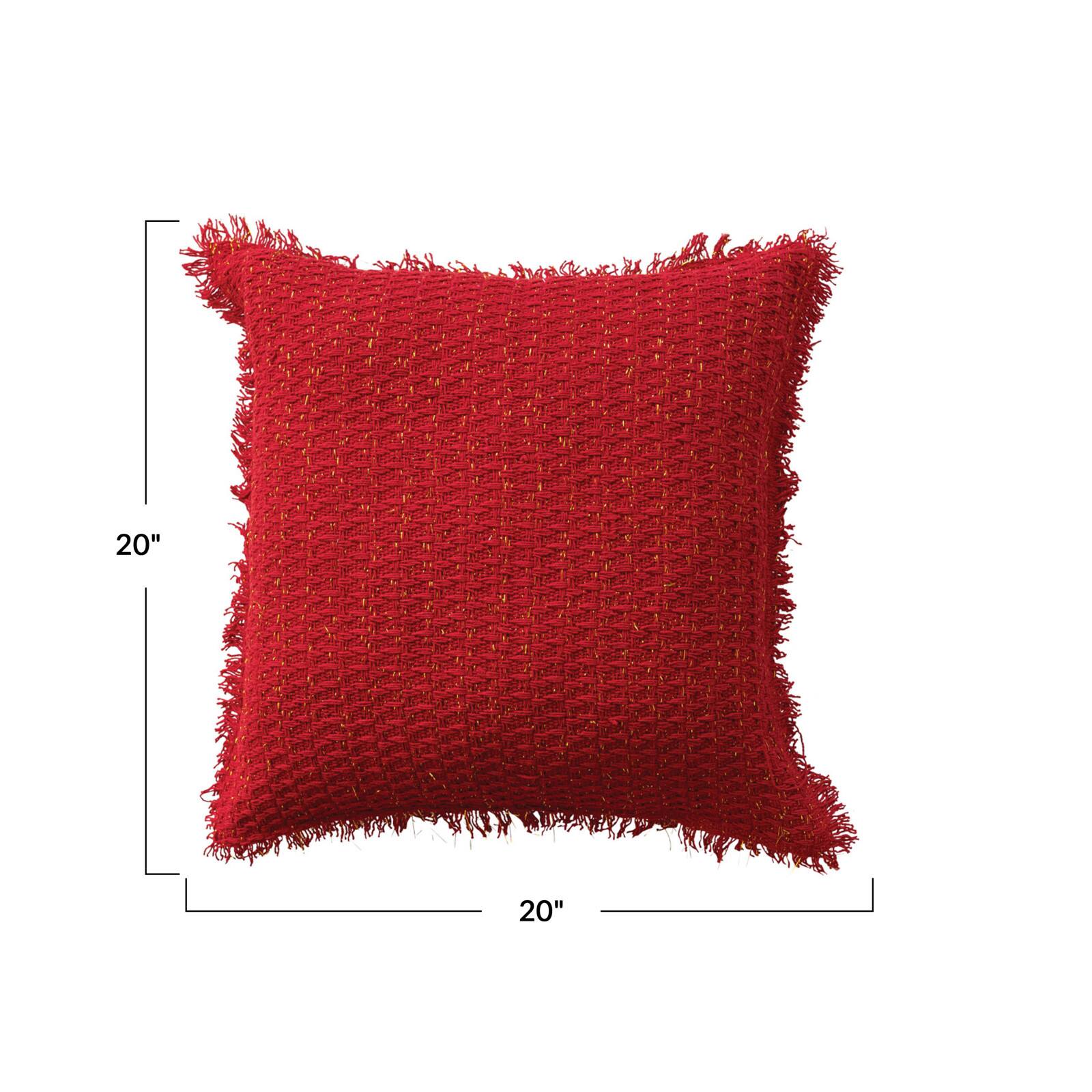 Hello Honey® 20" x 20" Square Red Woven Cotton Pillow with Metallic Gold Thread & Fringe