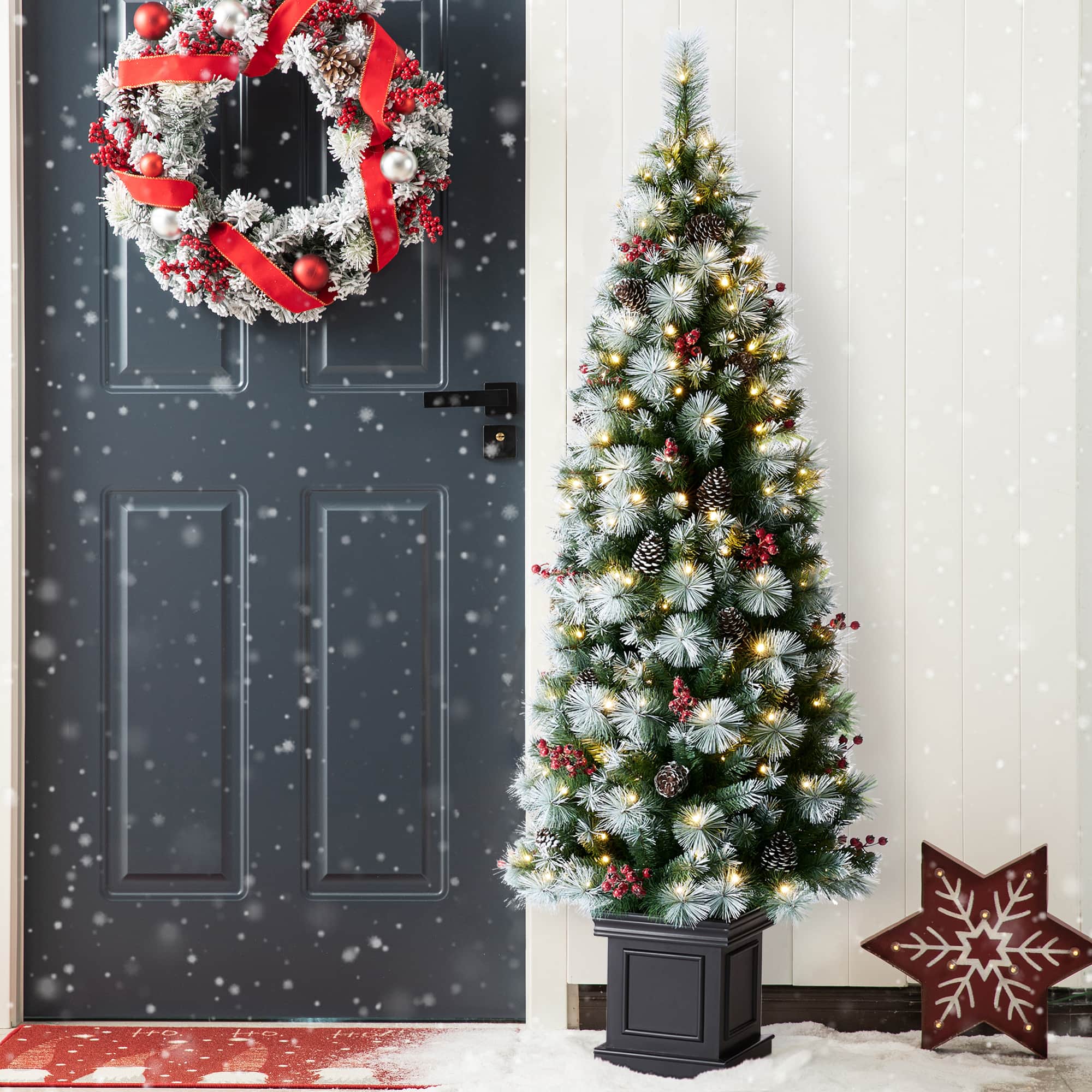 6ft. Pre-Lit Greenery Pinecones & Red Berries Artificial Christmas Porch Tree, Warm White LED Lights