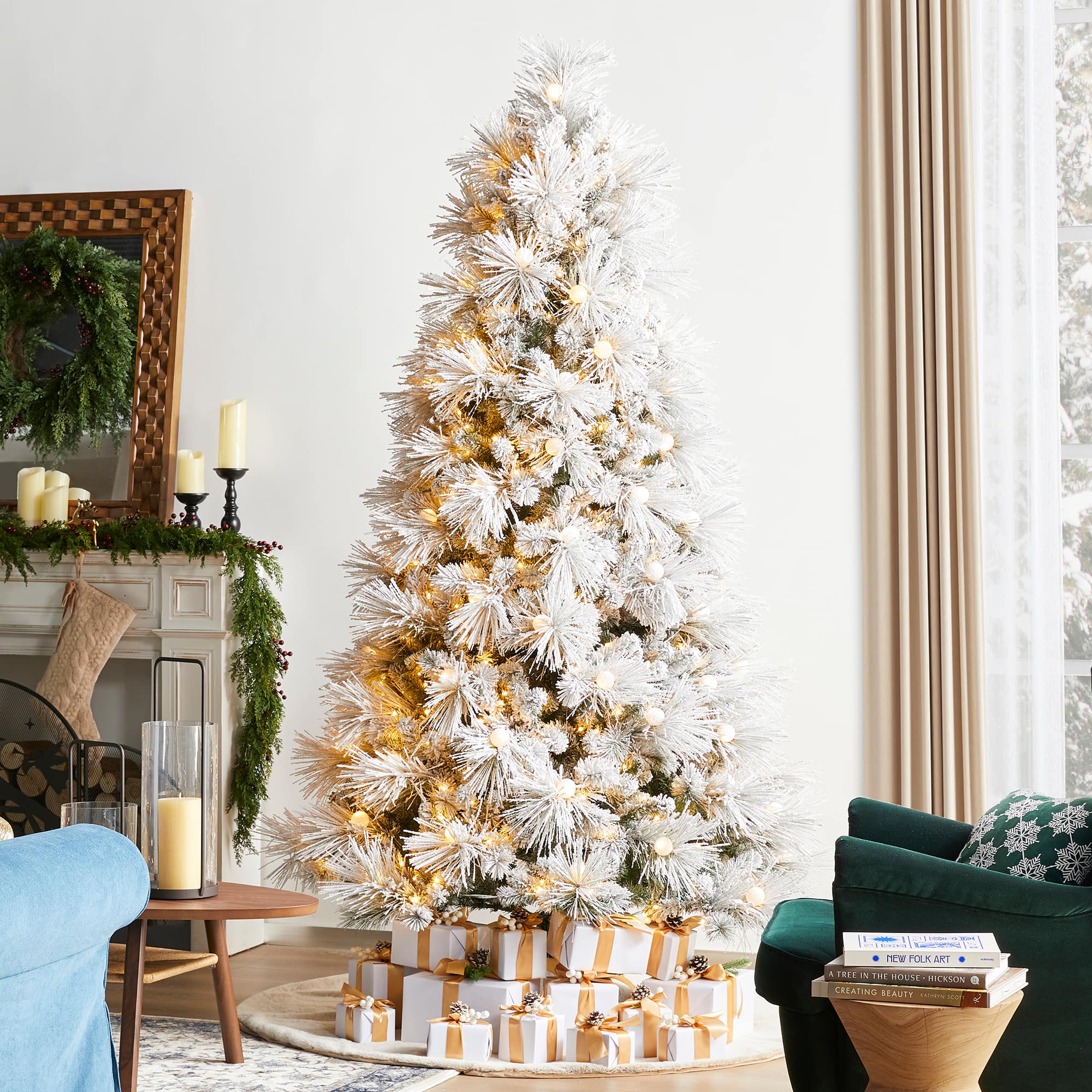 Glitzhome® 7.5ft Pre-Lit Flocked Full Pine Artificial Christmas Tree, Warm White LED Lights