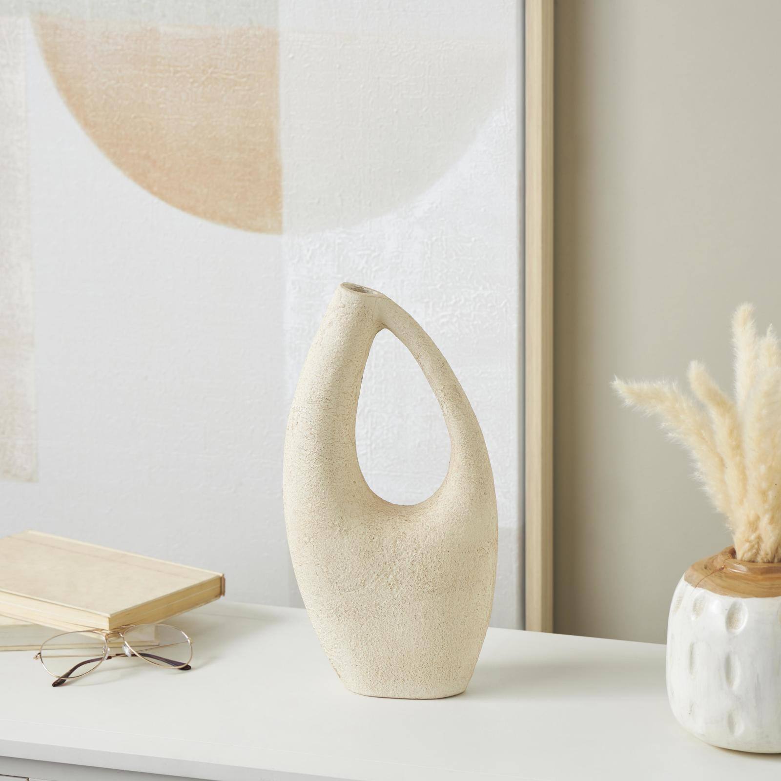 14&#x22; Cream Abstract Cutout Paper Mache Vase 