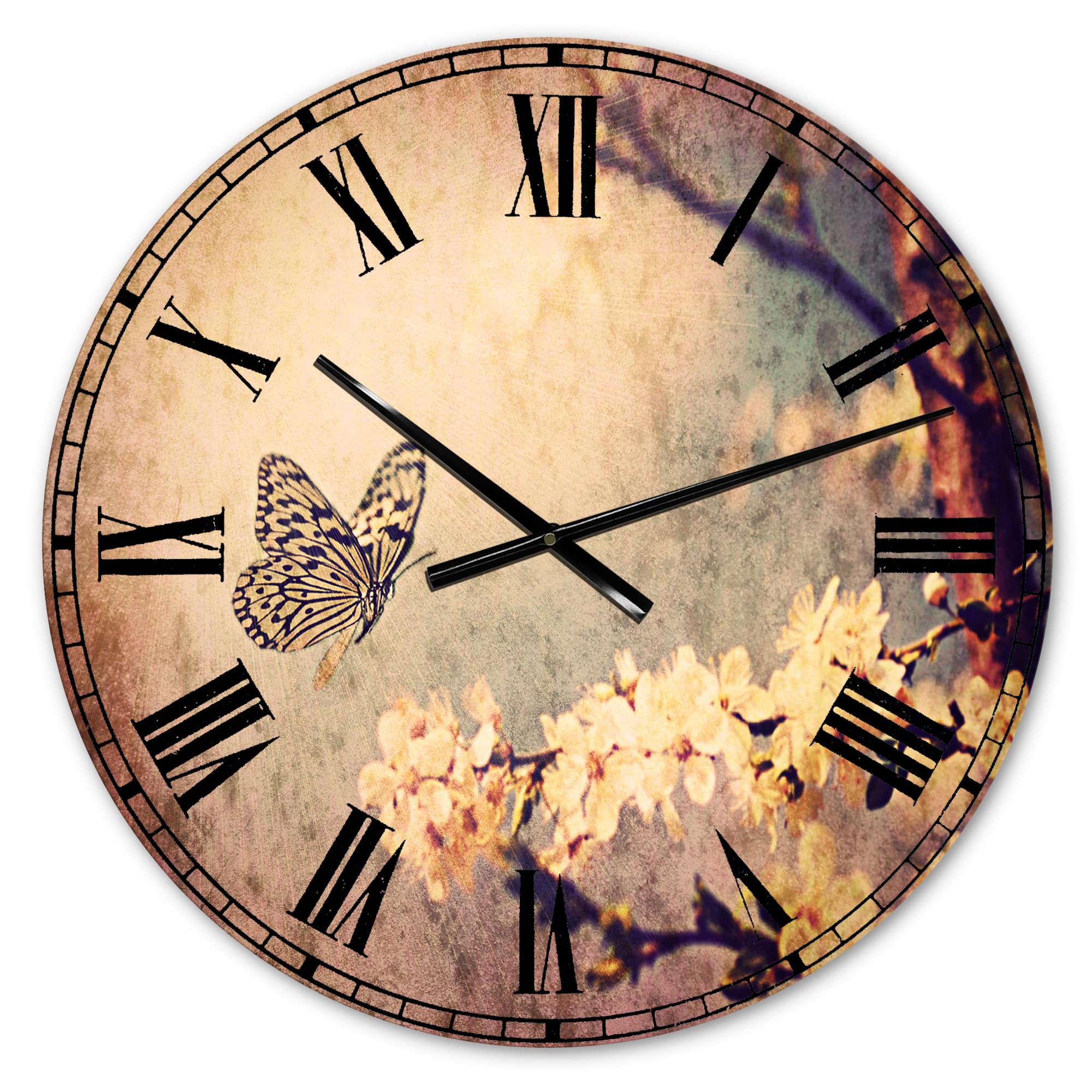 Designart Vintage Butterfly And Cherry Tree Wall Clock