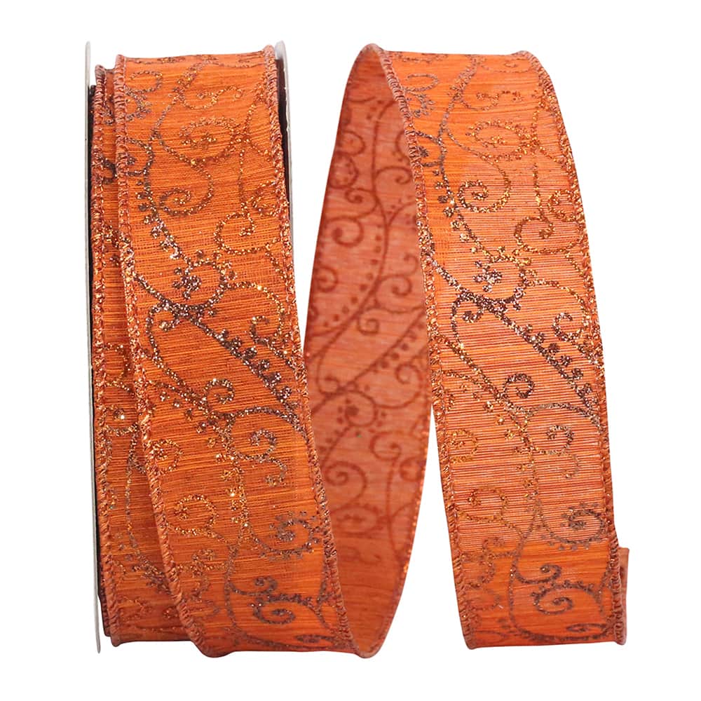 Reliant 1.5" x 20yd. Wired Orange Glitter Swirl Ribbon