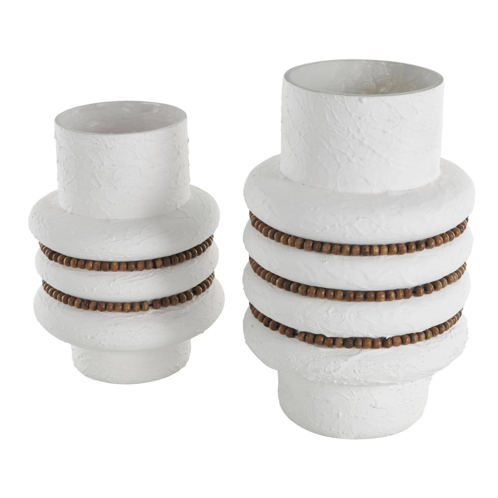 White Glass Textured Decorative Vase with Brown Wood Beaded Stripes Set