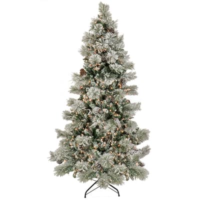 6.5ft. Pre-Lit Snowy Yorkshire Artificial Christmas Tree, Clear Lights ...