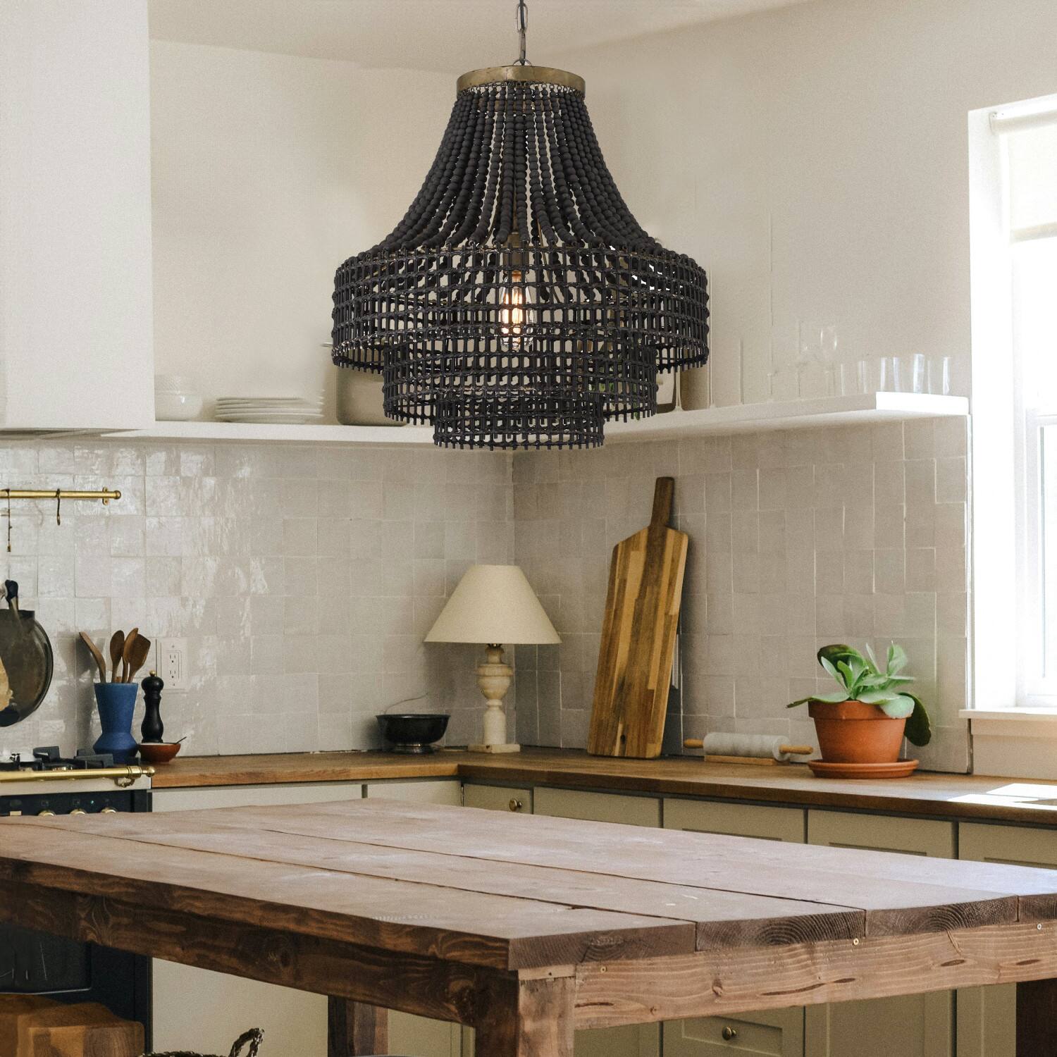 Hello Honey&#xAE; 23.4&#x22; Black Metal, Rattan &#x26; Wood Bead Chandelier