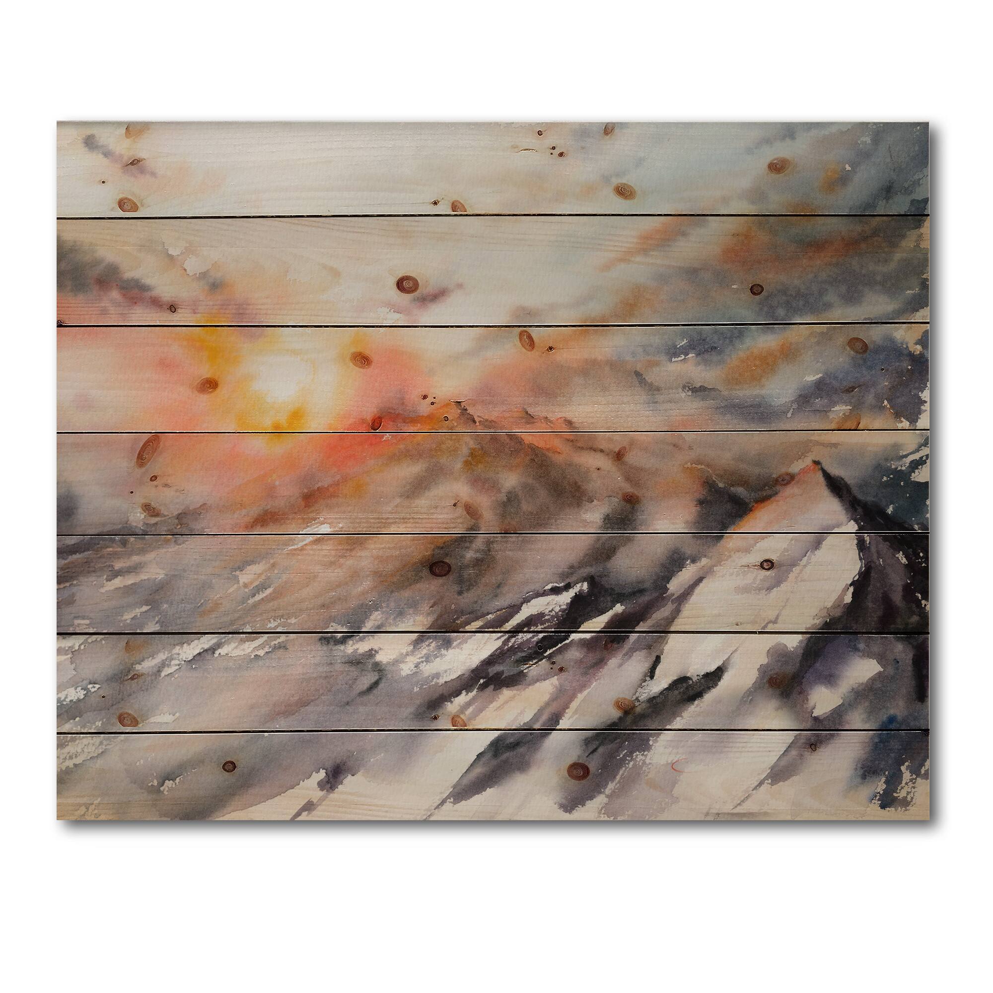 Designart - Majestic Sunset In The Mountains Landscape - Traditional Print on Natural Pine Wood