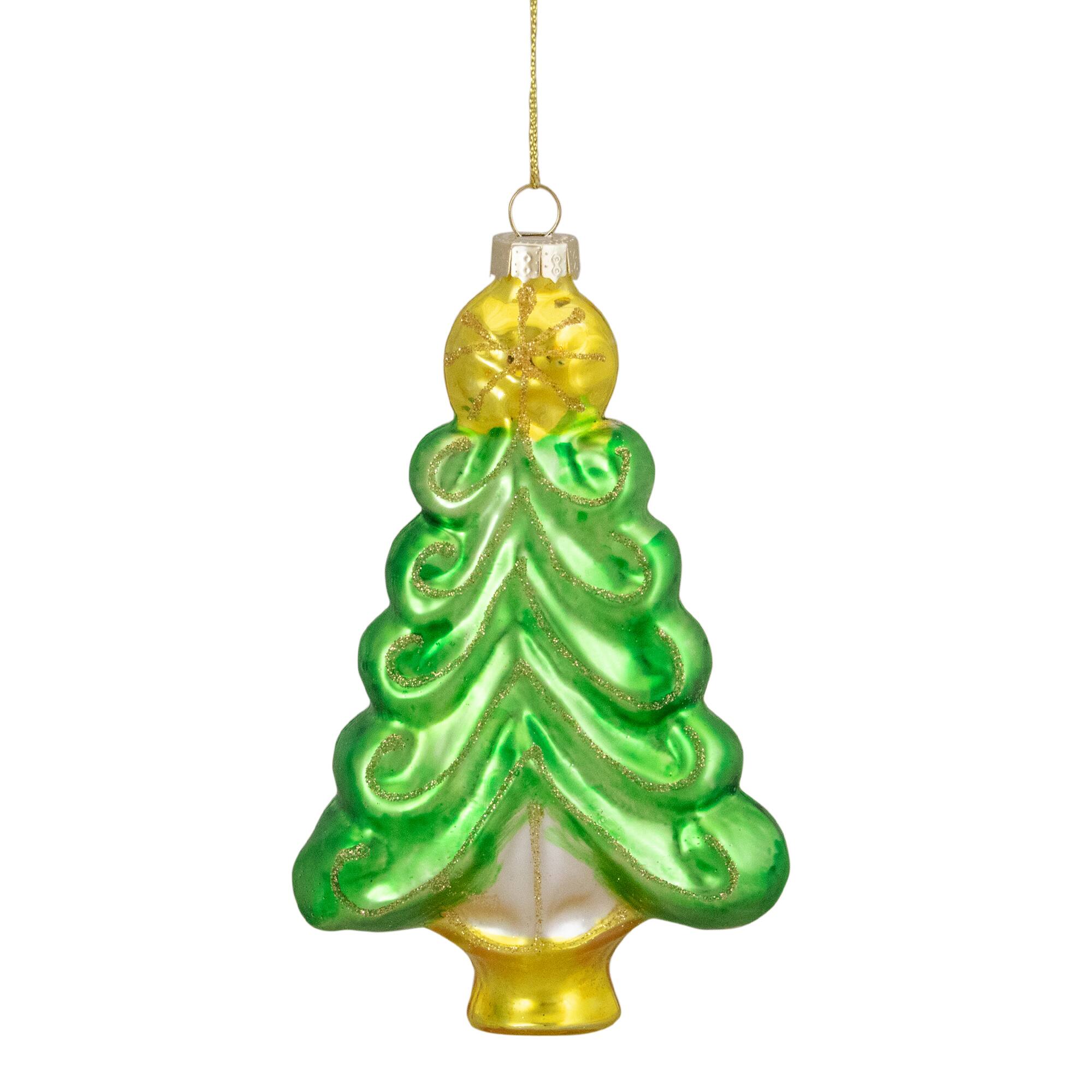5&#x22; Pearl &#x26; Glitter Green &#x26; Gold Glass Christmas Tree Hanging Ornament