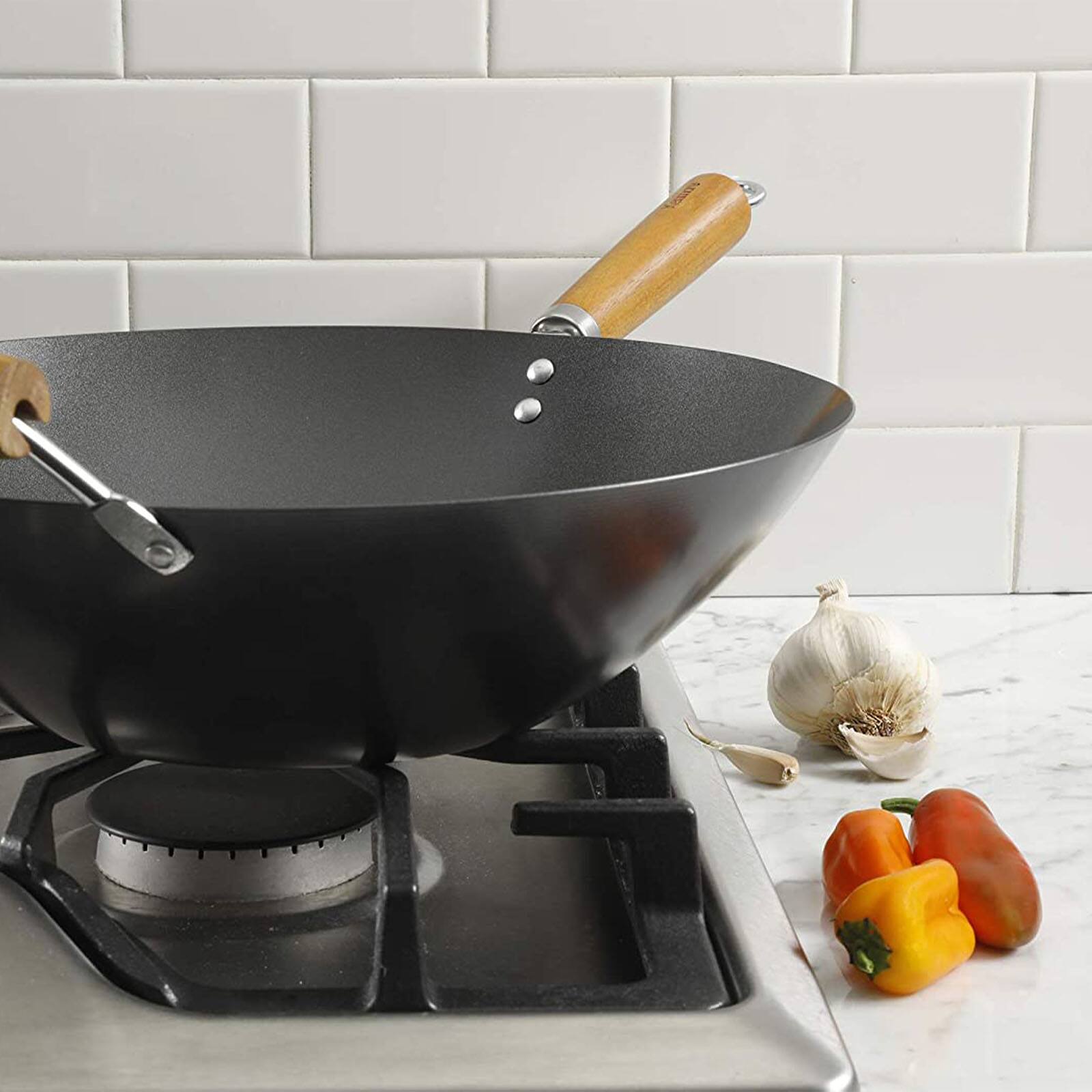 Kenmore&#xAE; Hammond 14&#x27;&#x27; Black Flat Bottom Carbon Steel Wok with Wooden Handles