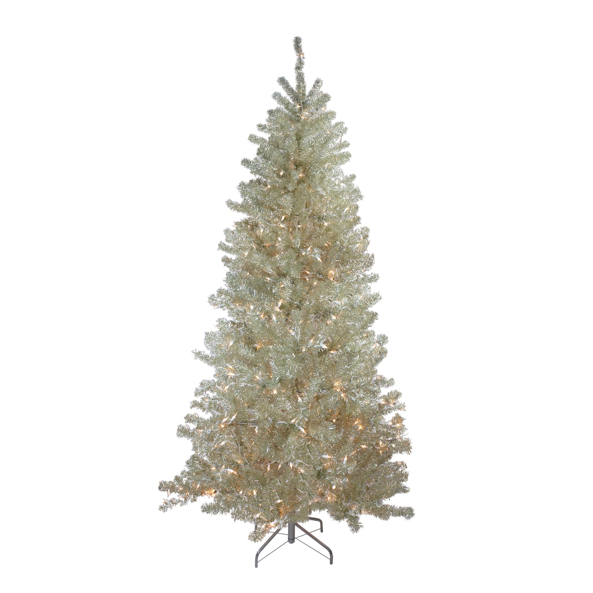 6ft. Pre-Lit Silver Champagne Tinsel Artificial Christmas Tree, Clear Lights