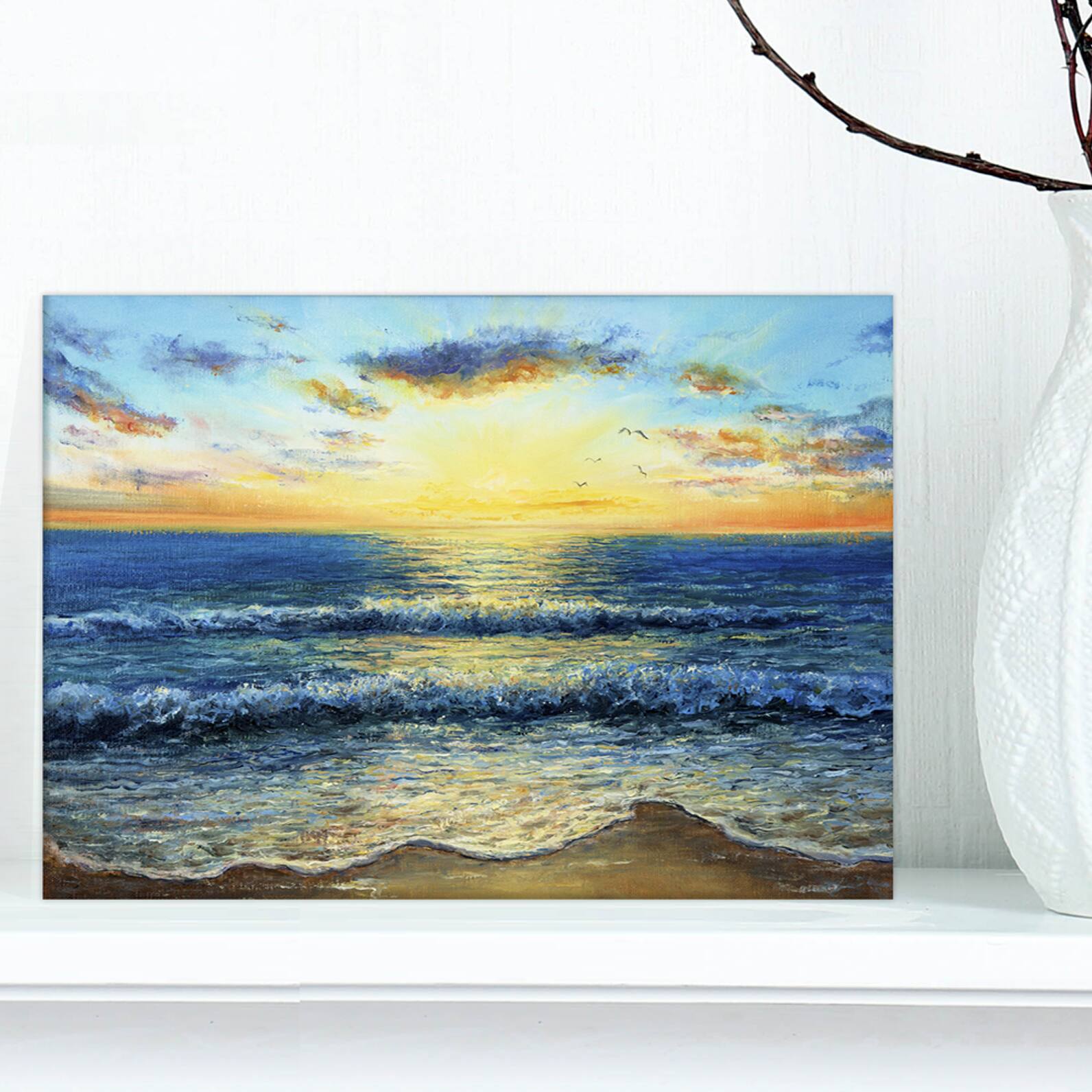 Designart - Ocean and waves at Sunrise - Sea & Shore Painting Print on Wrapped Canvas