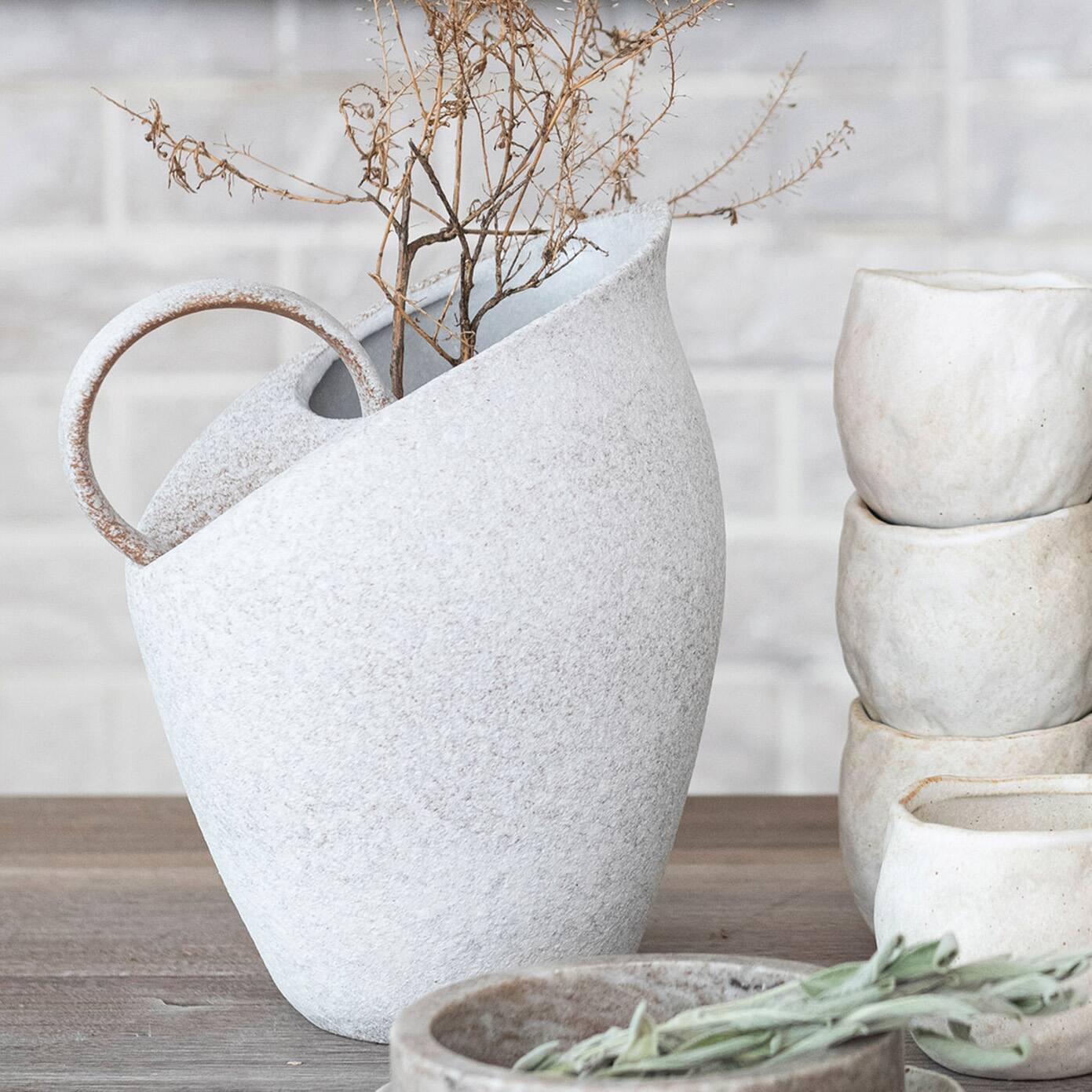 9&#x22; White Textured Stoneware Pitcher in Reactive Glaze