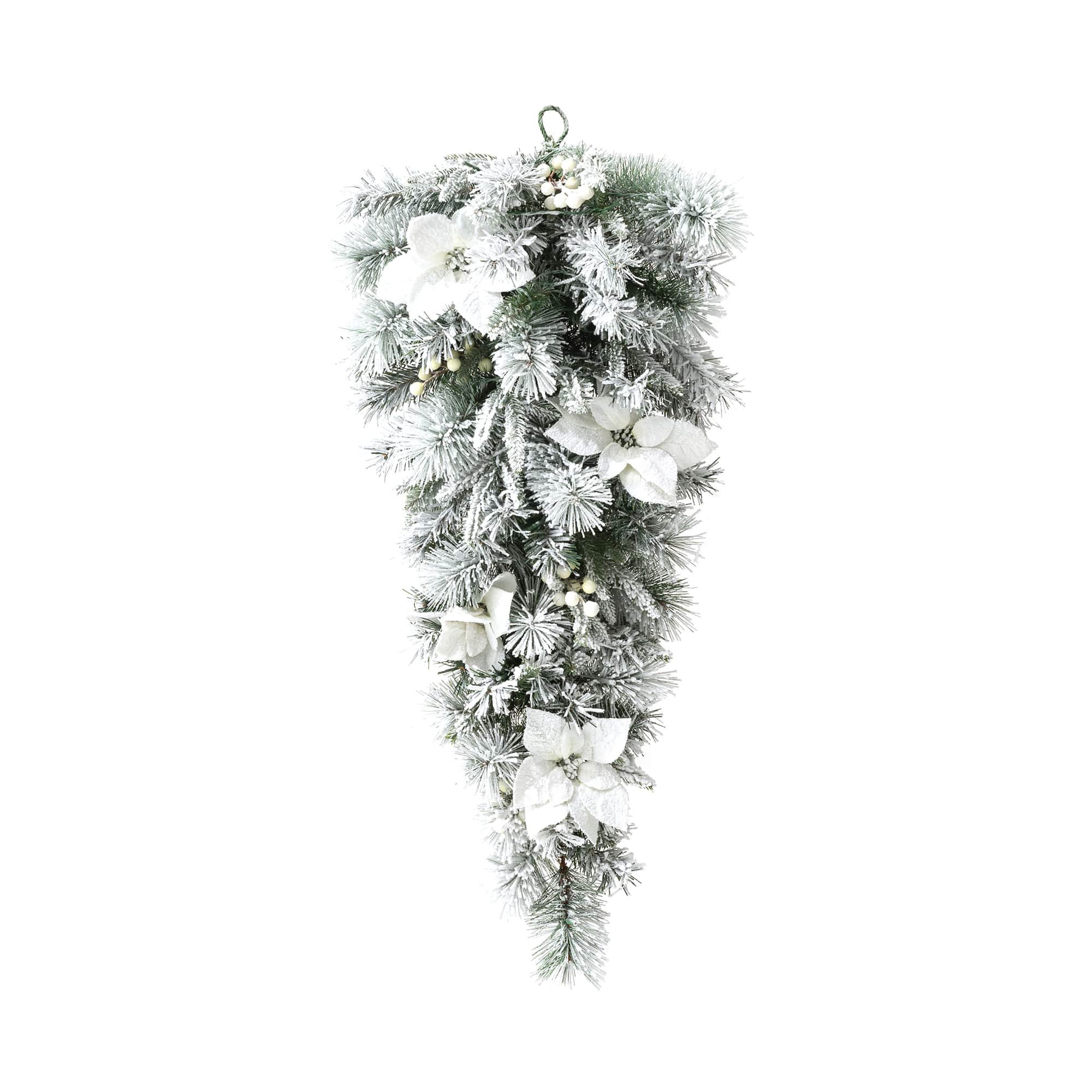 Glitzhome&#xAE; 36&#x22; Pre-Lit Flocked Greenery Pine White Poinsettia &#x26; Berry Christmas Teardrop with Timer