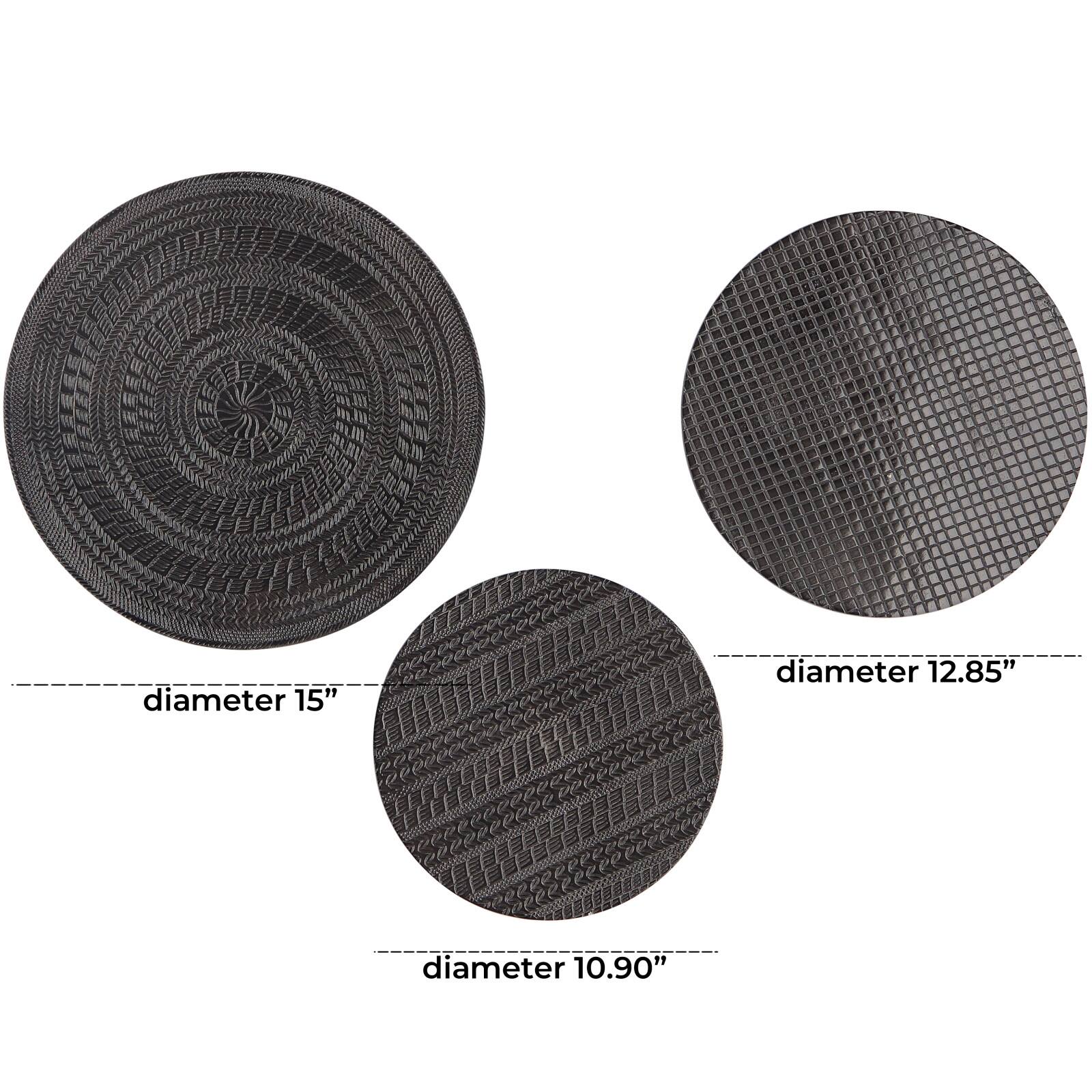 Black Aluminum Carved Designs Plate Wall Decor Set of 3 15", 13", 11"