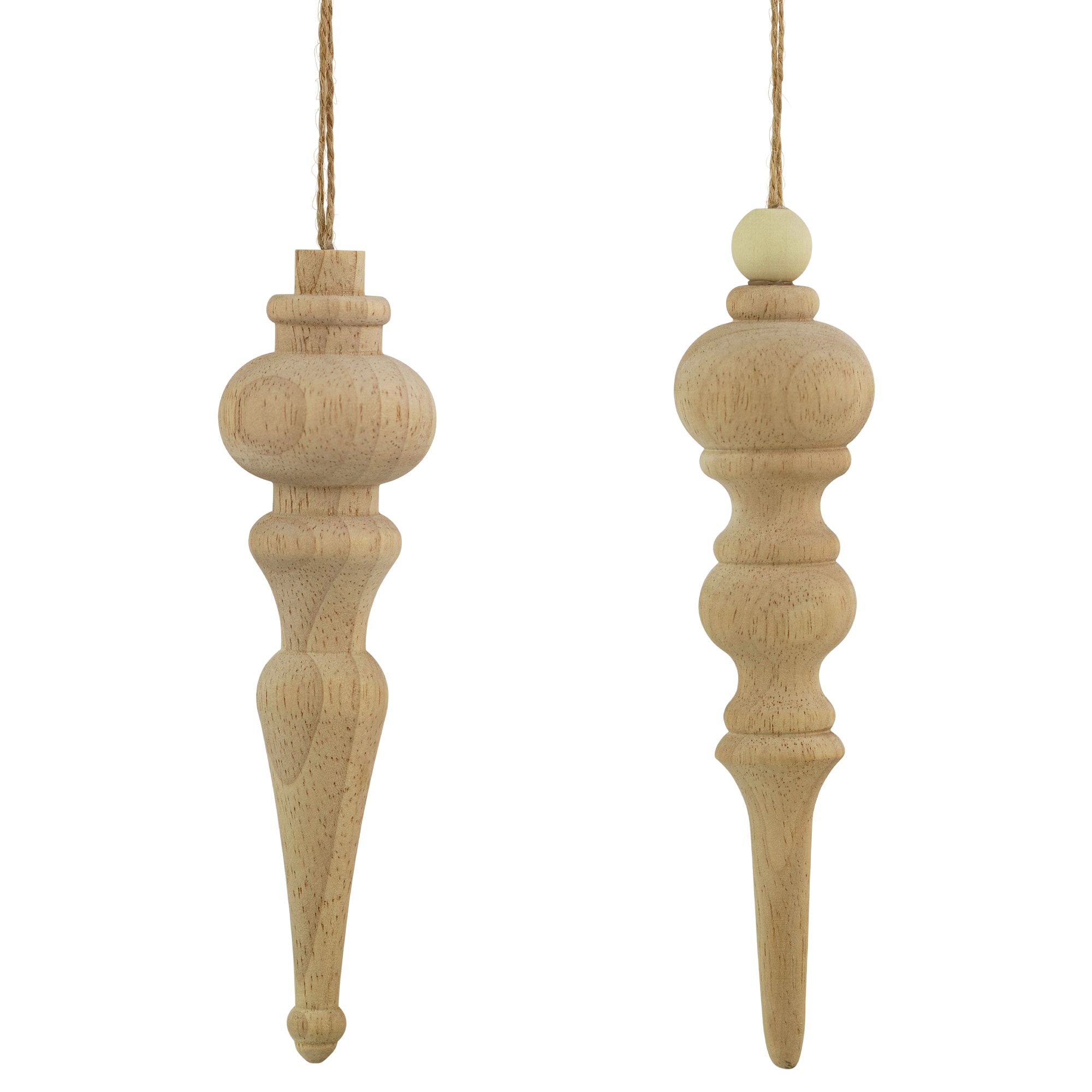 Set of 2 Natural Wood Finial Christmas Tree Ornaments 6.5"