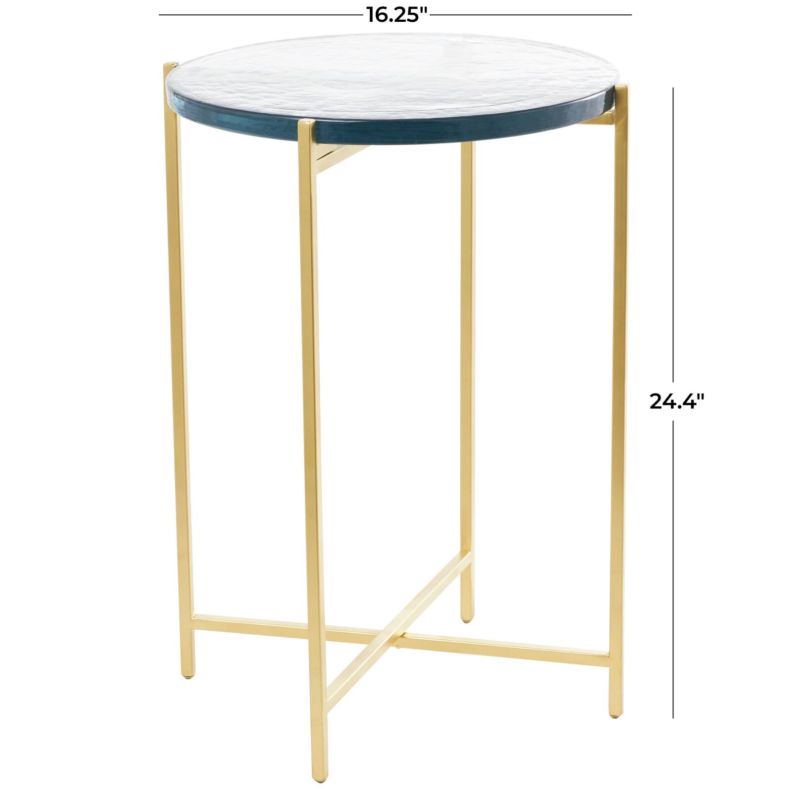 24" Metal X-Shaped Accent Table with Textured Glass Tabletop