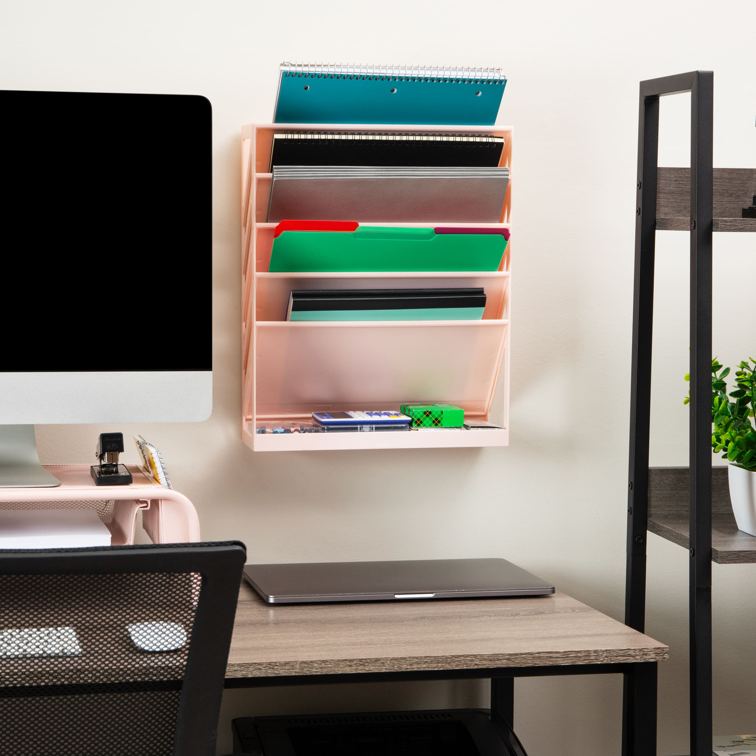 Mind Reader 5-Tier Vertical File Storage, Desktop Organizer, Wall Mount, Office, Plastic, Pink