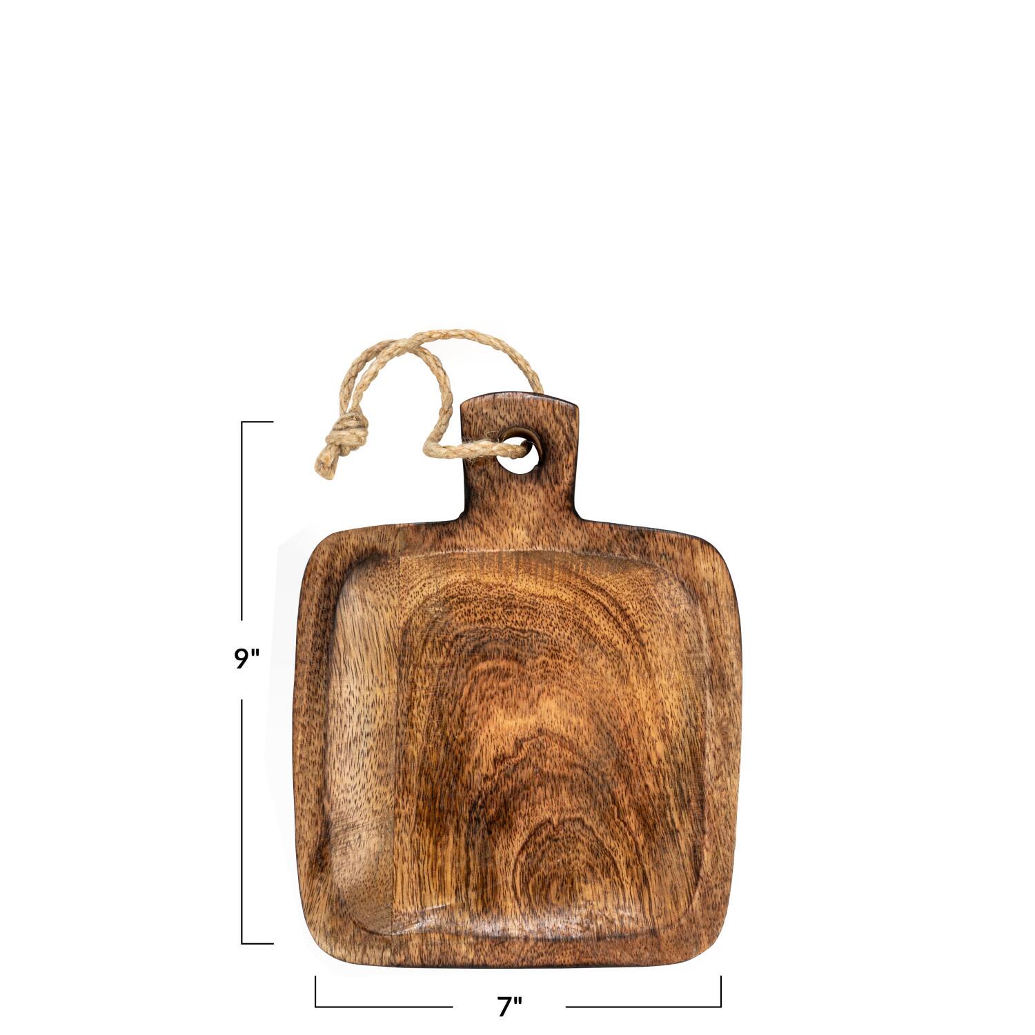 Hello Honey® 9" Hand-Carved Mango Wood Serving Board with Handle & Jute Tie