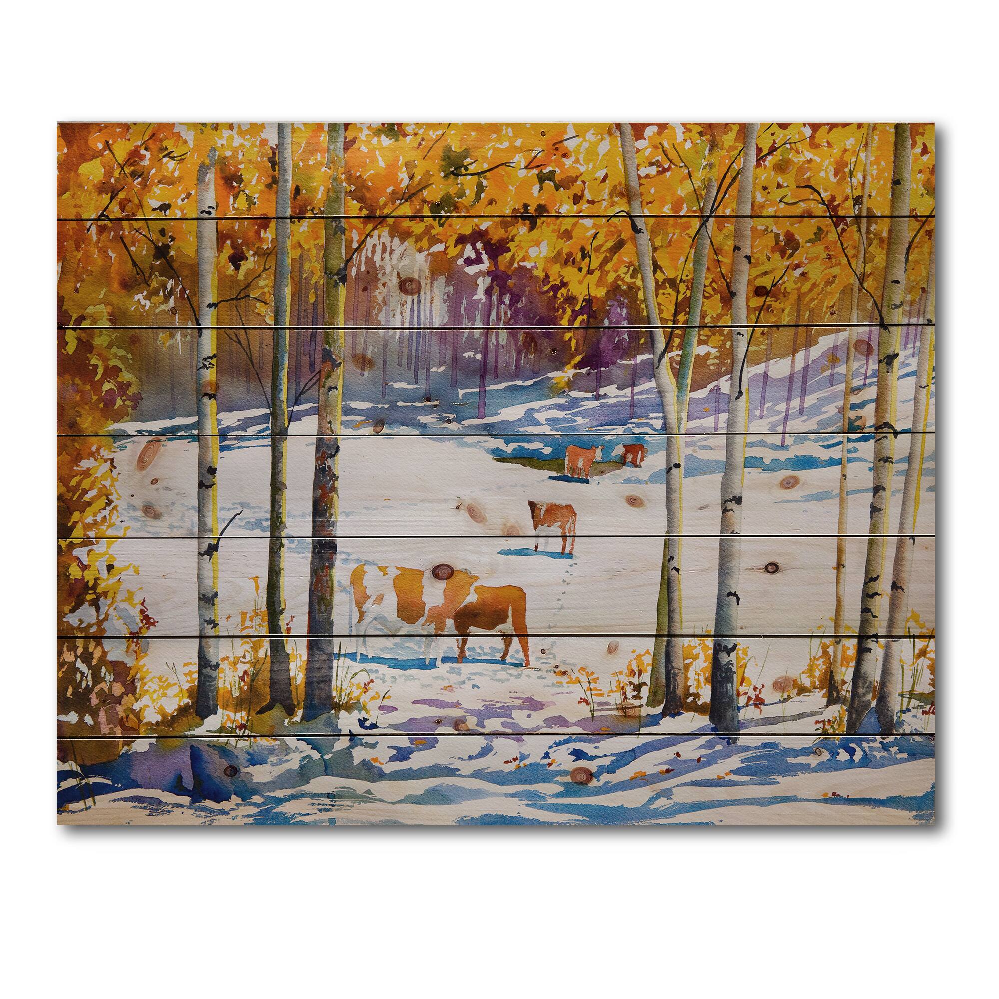 Designart - Cattle In The Early Snow In The Forest - Farmhouse Print on Natural Pine Wood