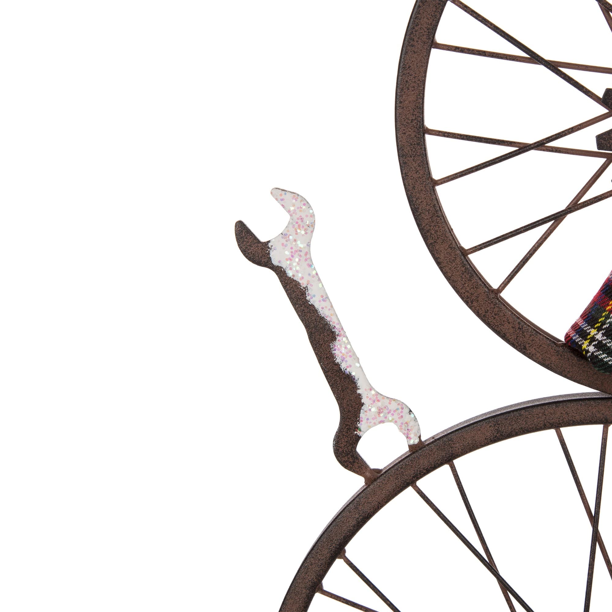 Glitzhome&#xAE; 34&#x22; Metal Bike Wheel Snowman with Plaid Scarf Porch D&#xE9;cor