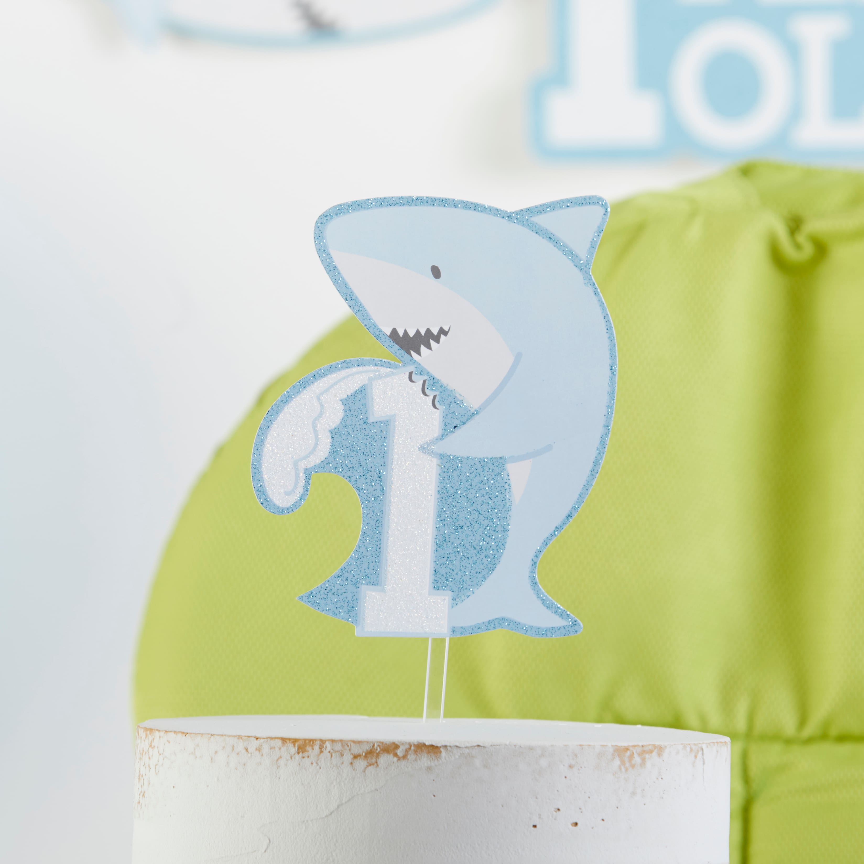 Kate Aspen&#xAE; Shark Party 1st Birthday Milestone Photo Banner &#x26; Cake Topper Set