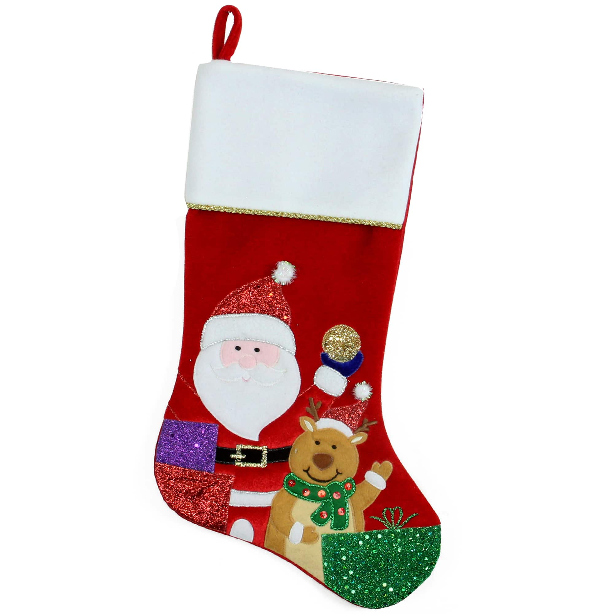 20.5" Santa Claus, Reindeer & Glitter Presents Christmas Stocking