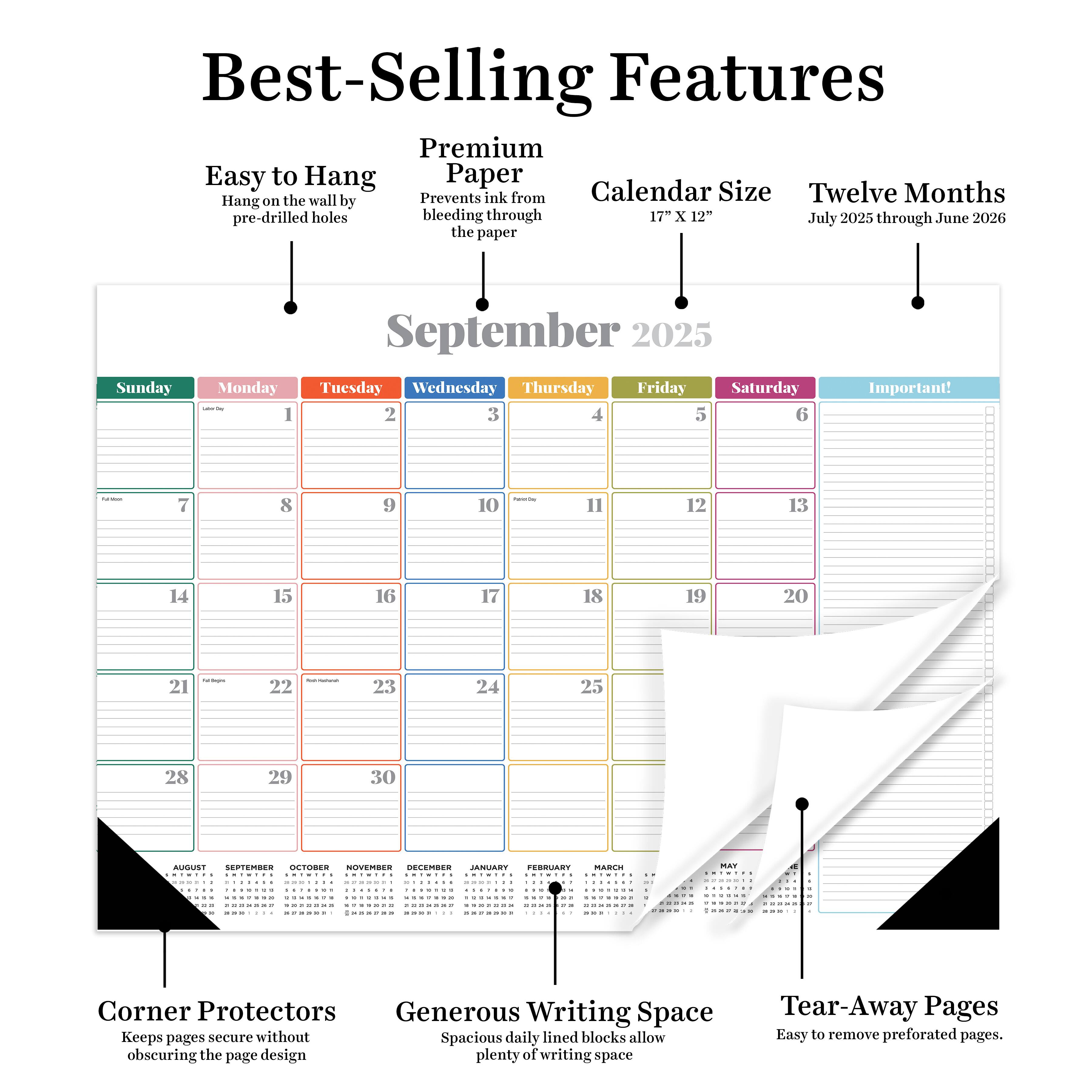 July 2025 - June 2026 Medium Rainbow Blocks Desk Pad Monthly Blotter Calendar