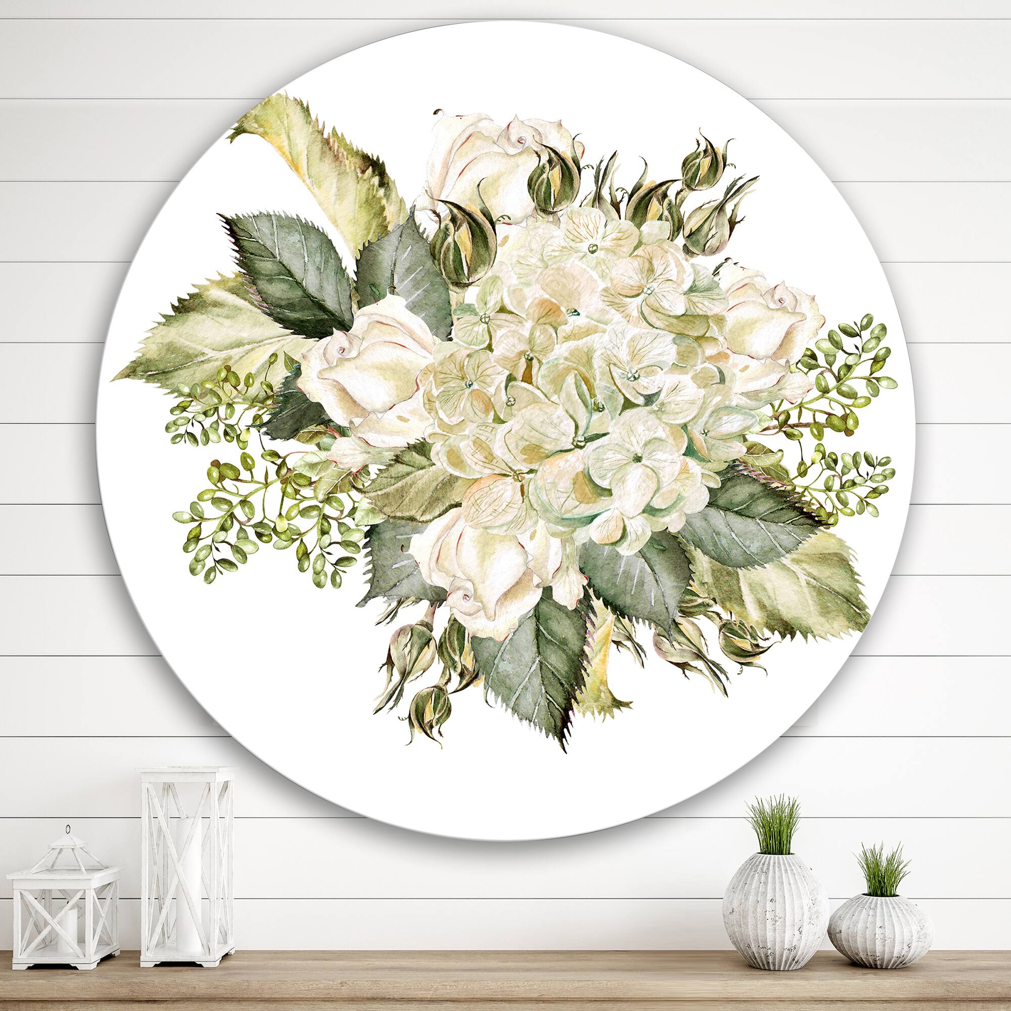 Designart - Beautiful Bouquet With Hudrangea and Roses - Farmhouse Metal Circle Wall Art