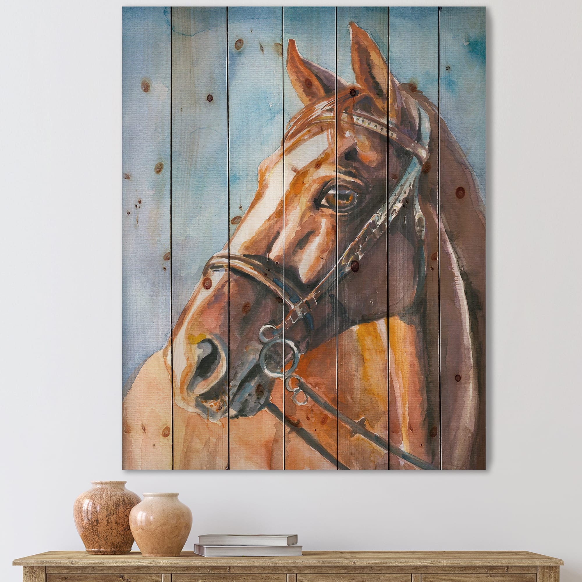Designart - Portrait of A Brown Horse - Farmhouse Print on Natural Pine Wood