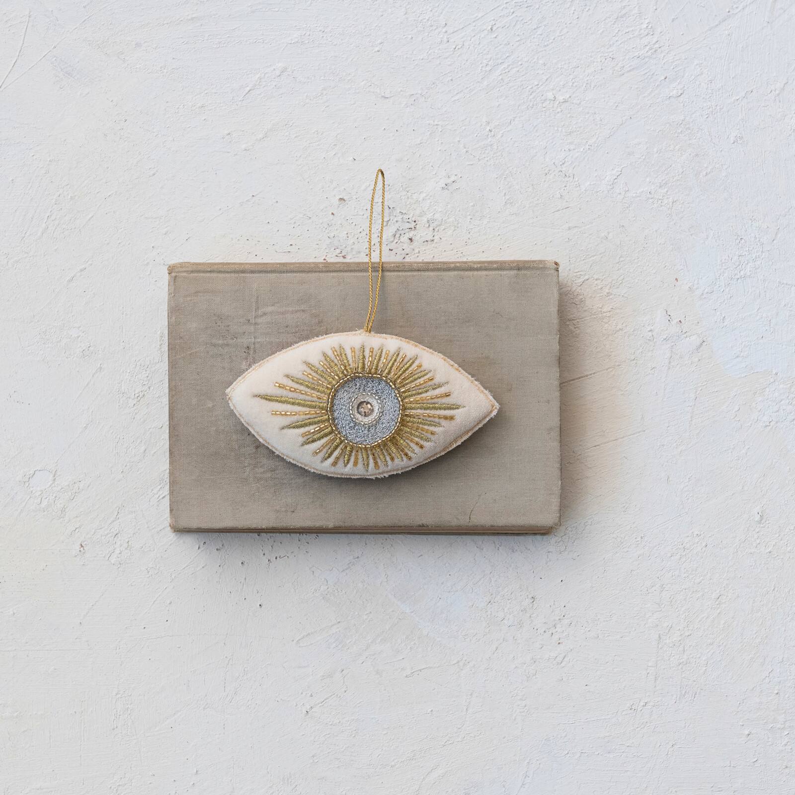Hello Honey® 5.5" Gold & Silver Embroidered Evil Eye Cotton Velvet Ornament