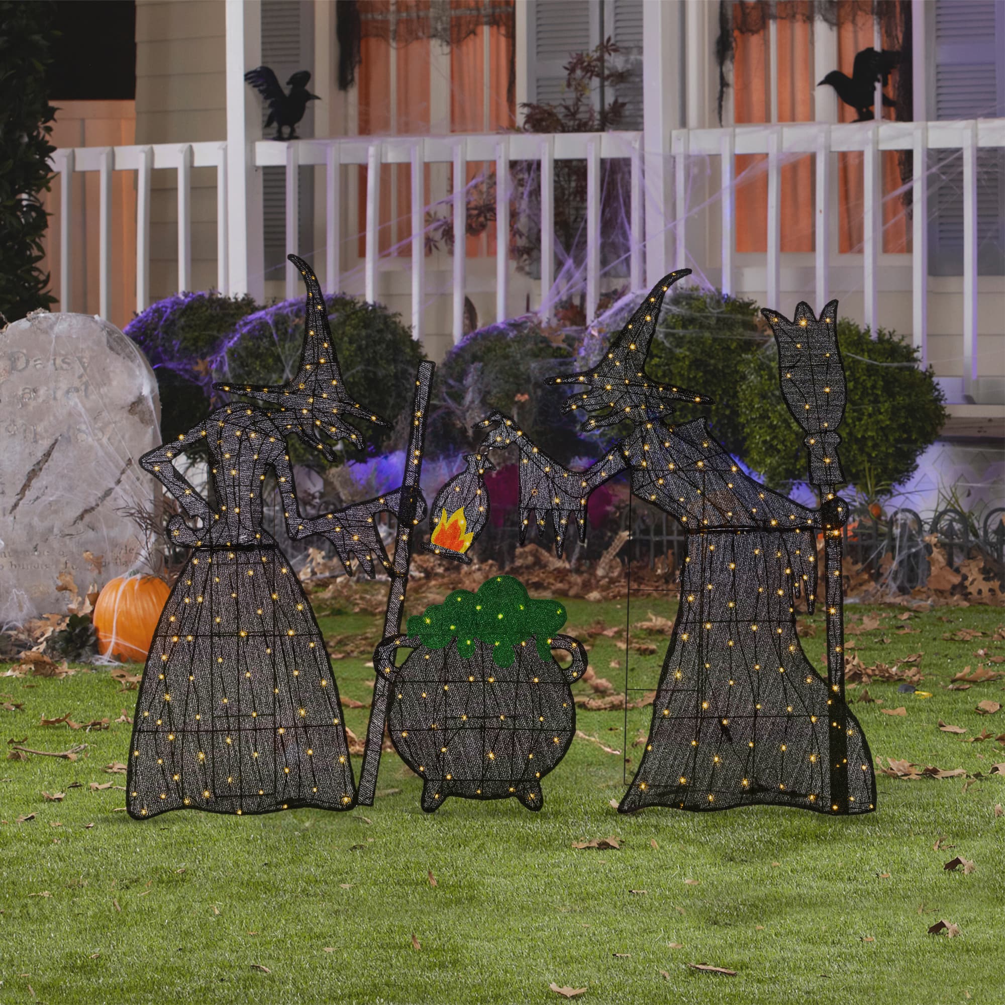 Glitzhome&#xAE; Set of 3 Lighted Halloween 2.5D Witches with Cauldron Outdoor Decor