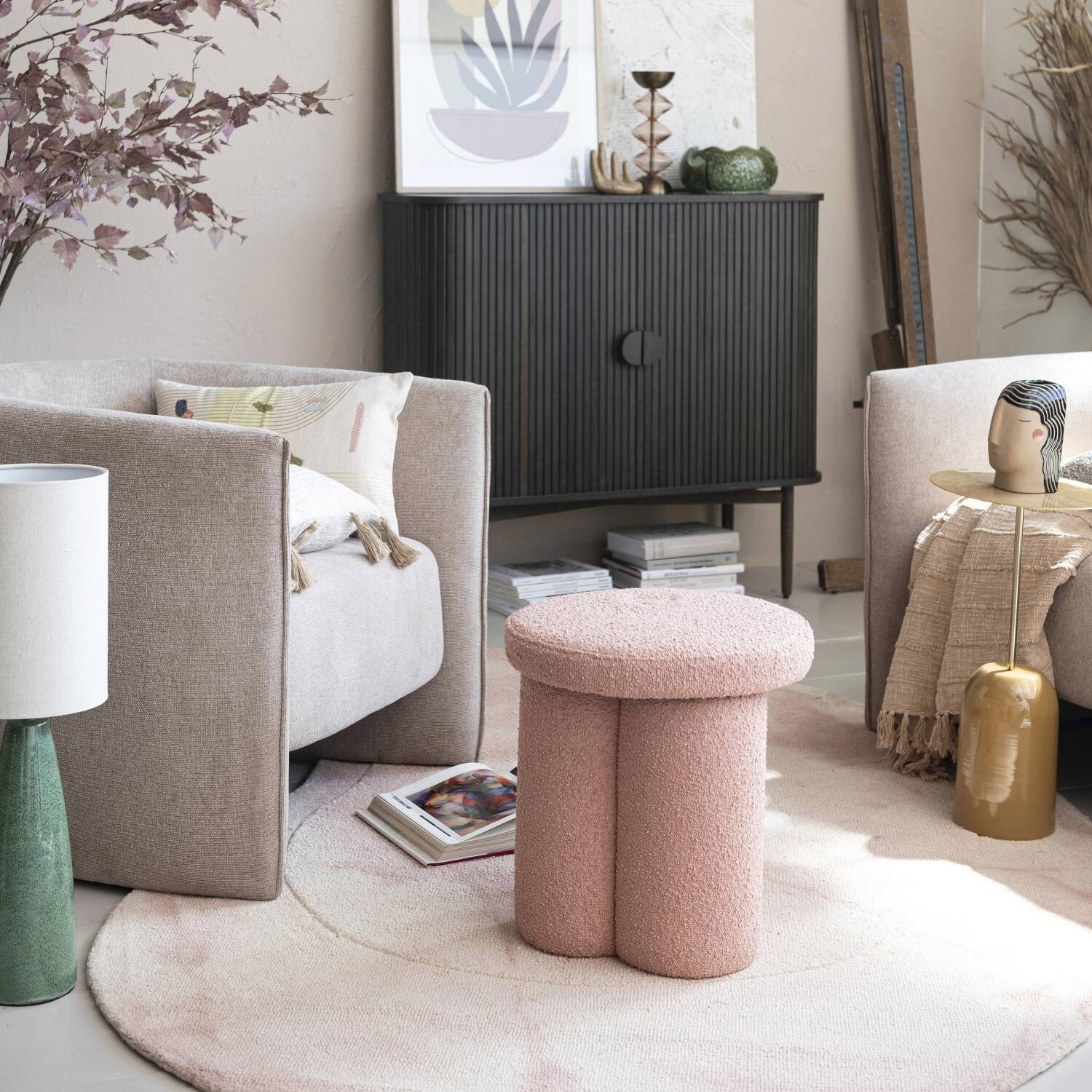 Hello Honey® Round Pink Bouclé Fabric Upholstered Stool