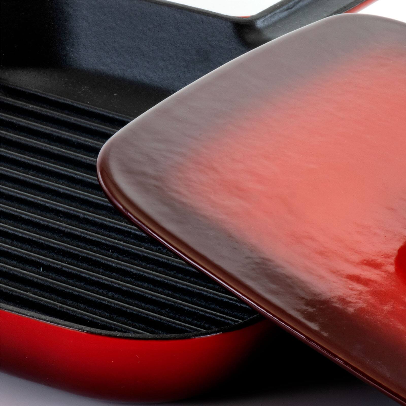 MegaChef 11&#x22; Square Red Enamel Cast Iron Grill Pan with Matching Grill Press