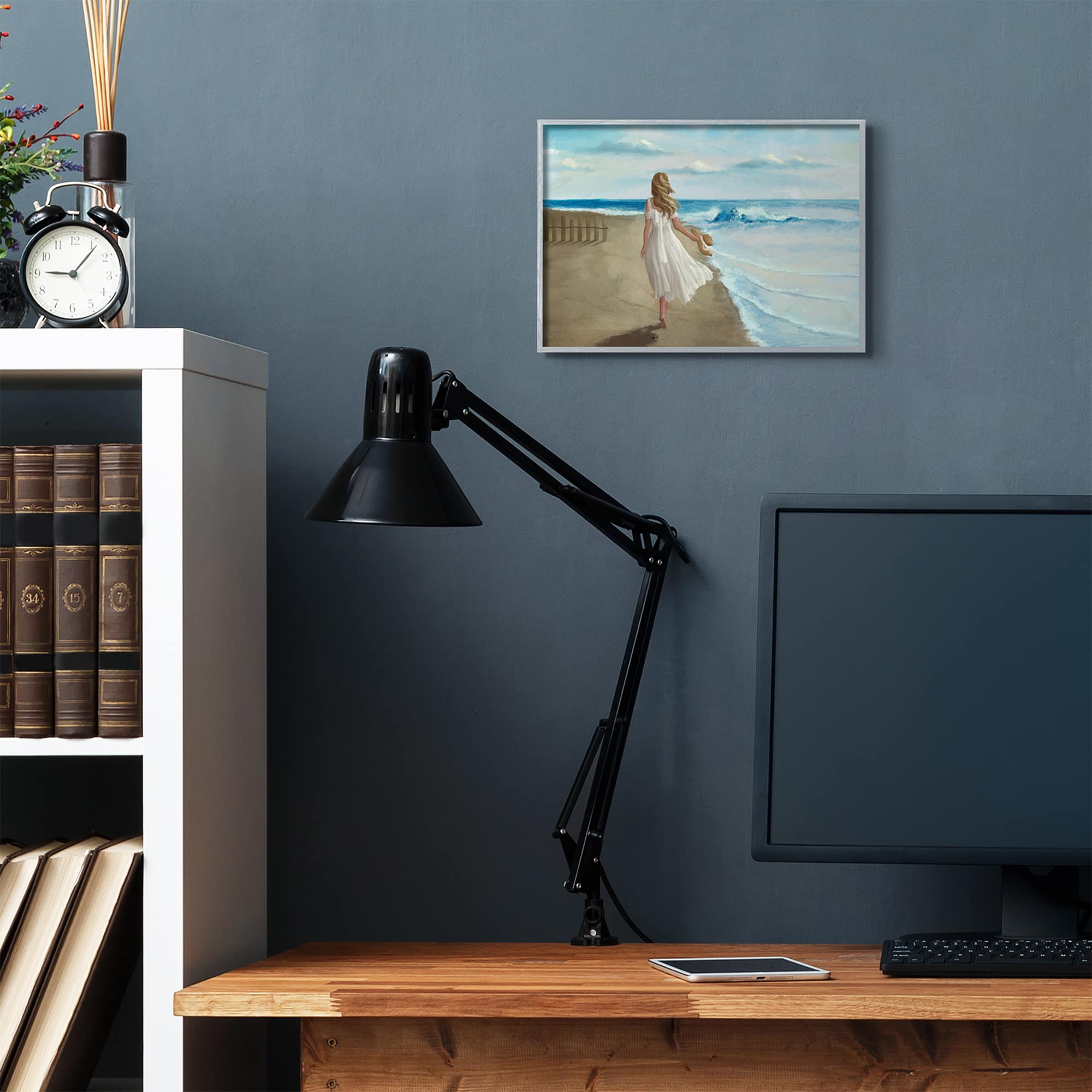 Stupell Industries Walk On The Beach Blue Ocean Painting in Gray Frame Wall Art