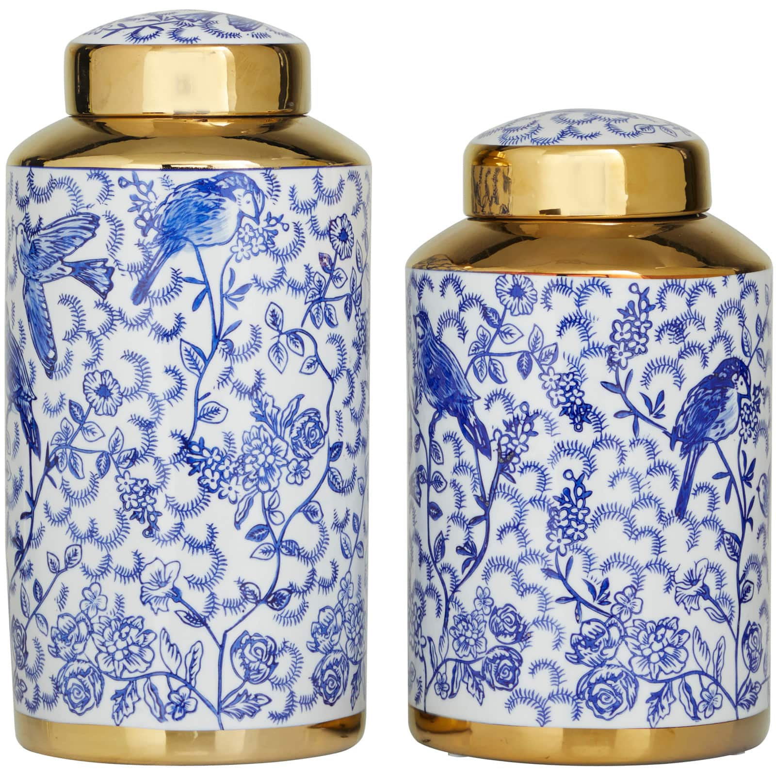 Blue & Gold Ceramic Floral Decorative Jars Set