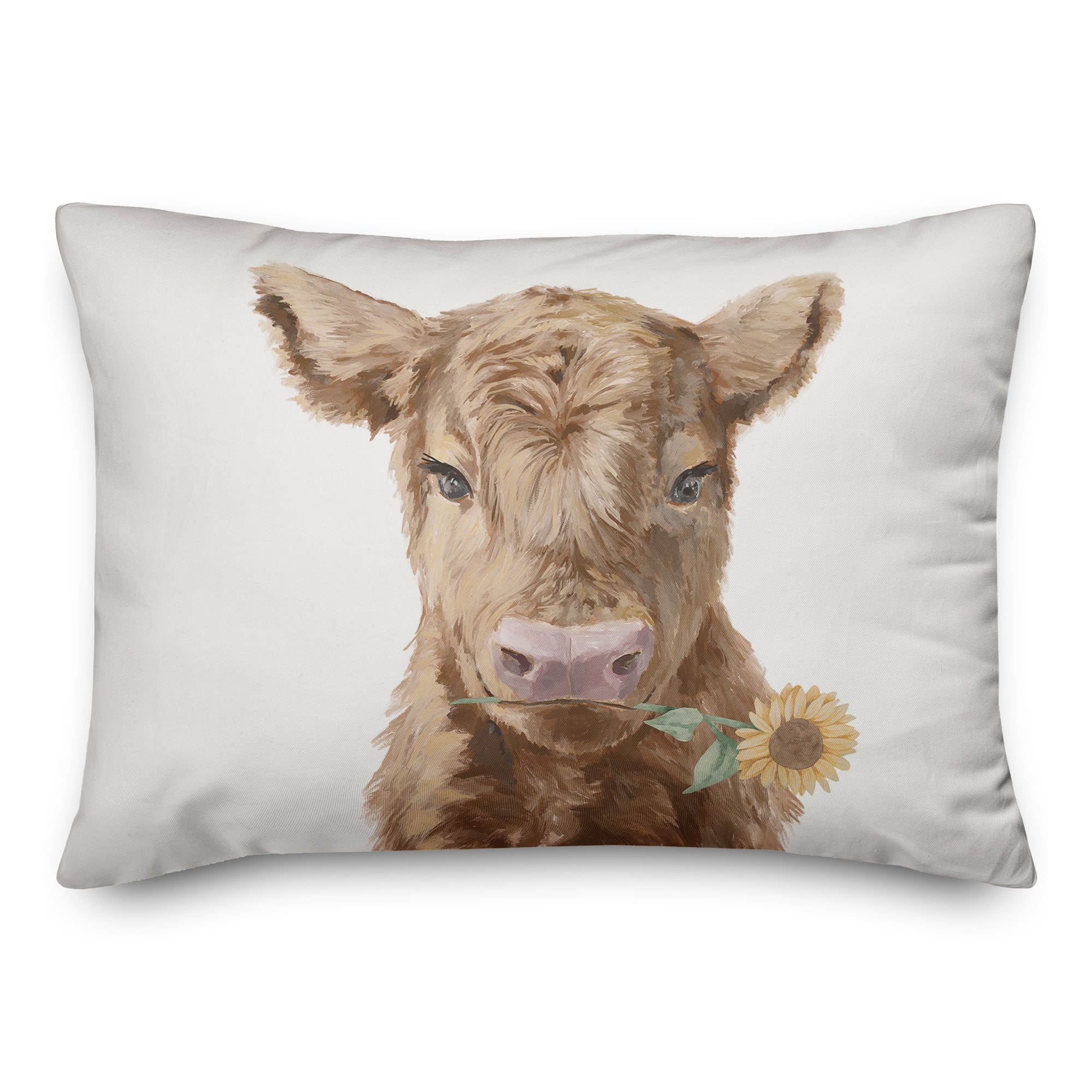 Baby Highland Cow with Sunflower Indoor & Outdoor Throw Pillow
