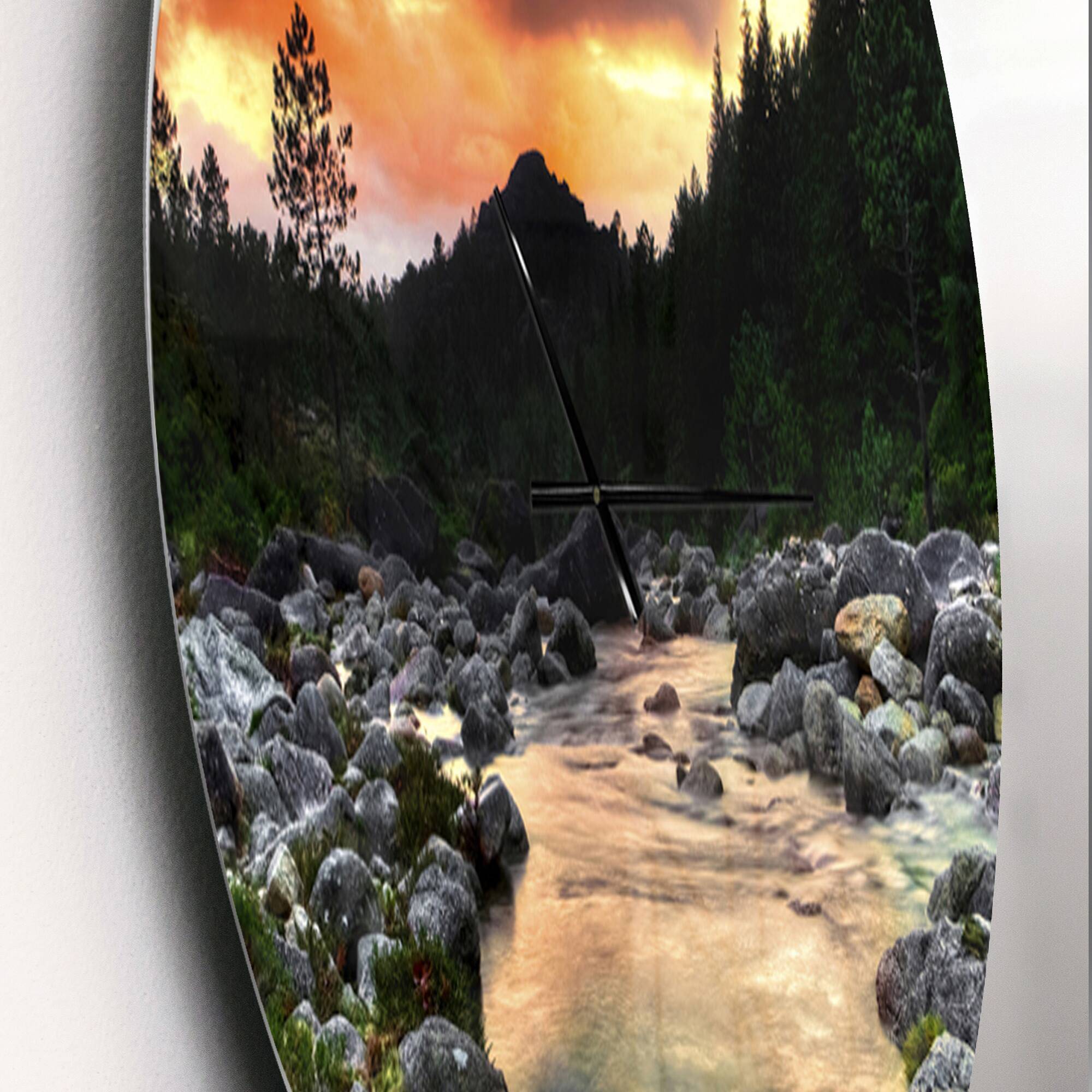 Designart 'Rocky Mountain River At Sunset Modern Wall Clock