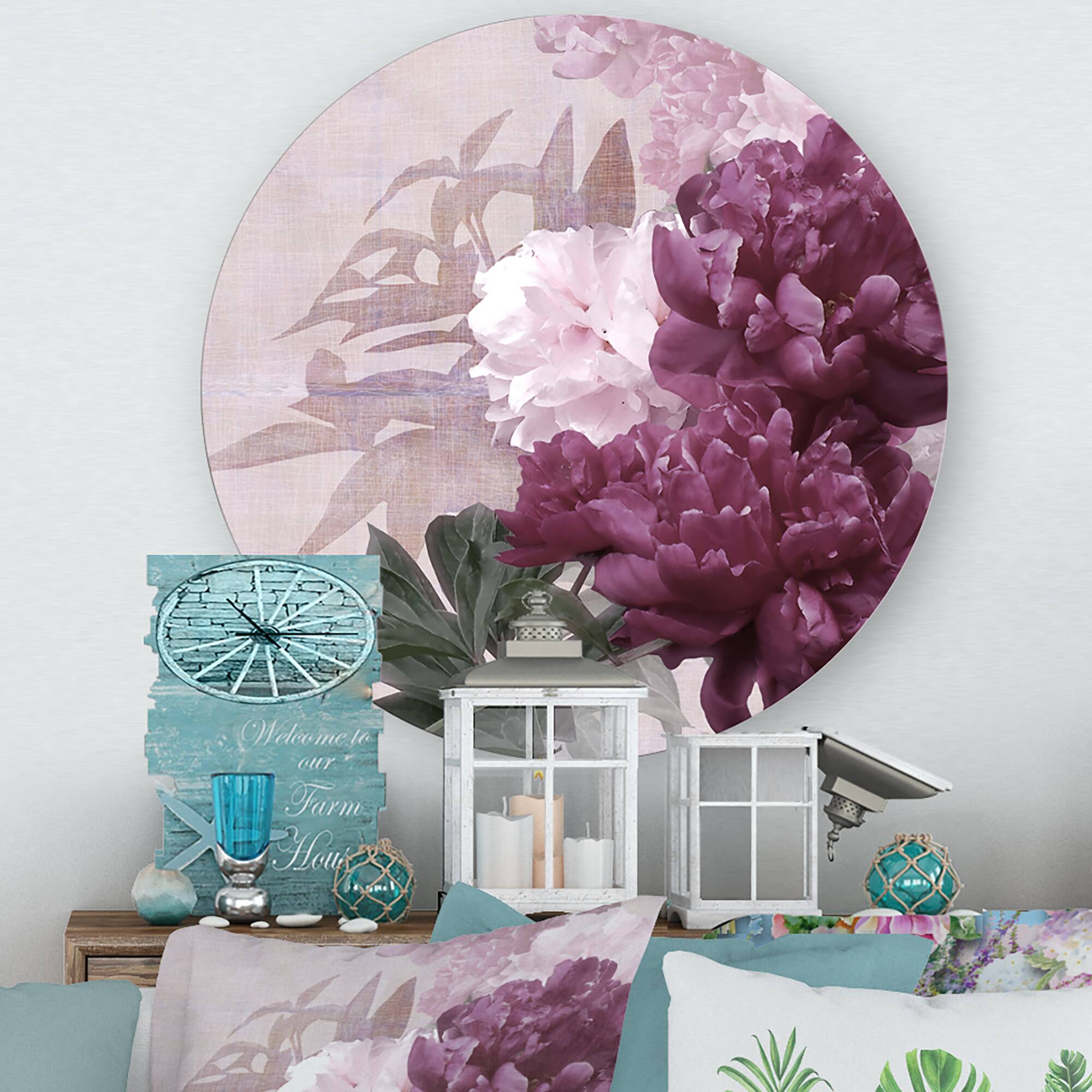 Designart - Vintage Purple and Pink Flowers I - Traditional Metal Circle Wall Art